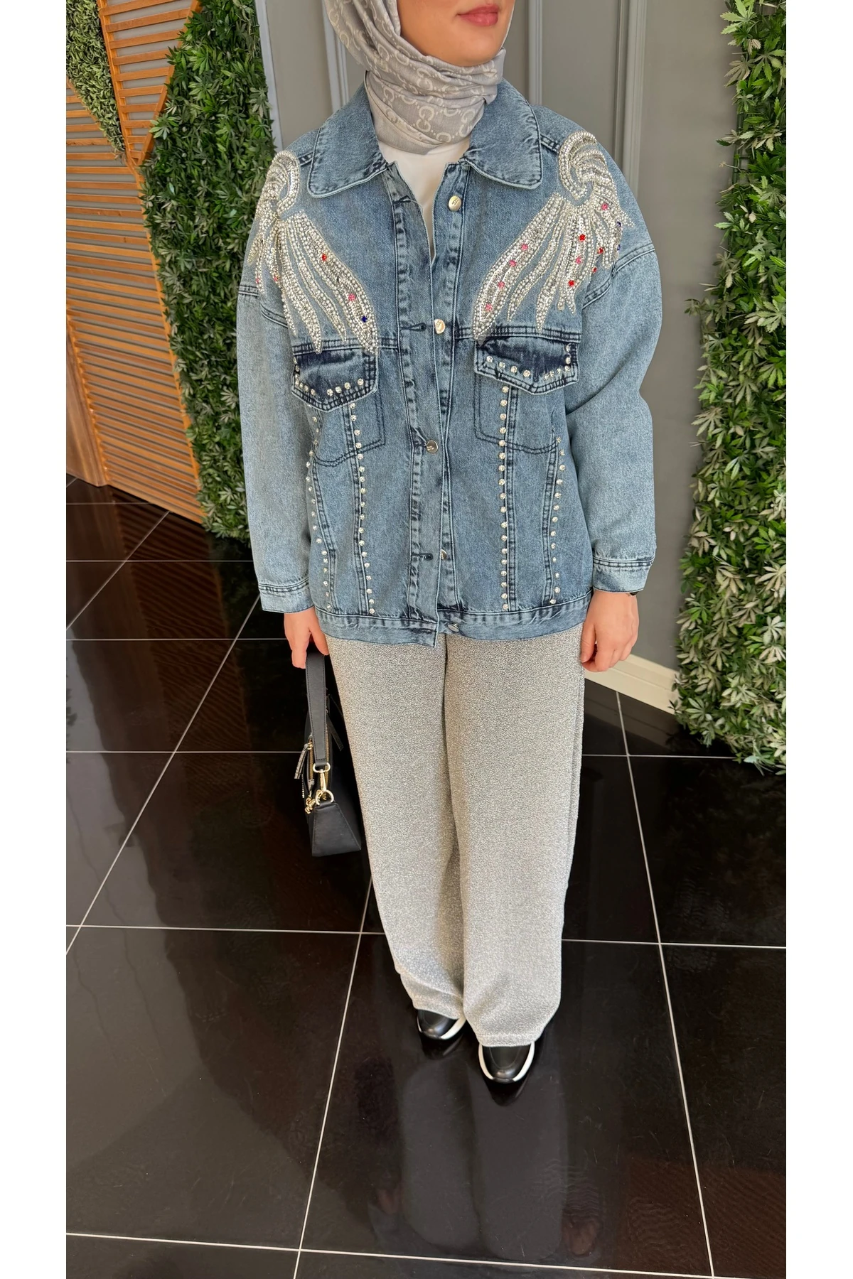 Mira Taş/Payet İşlemeli Kot Ceket - Mavi