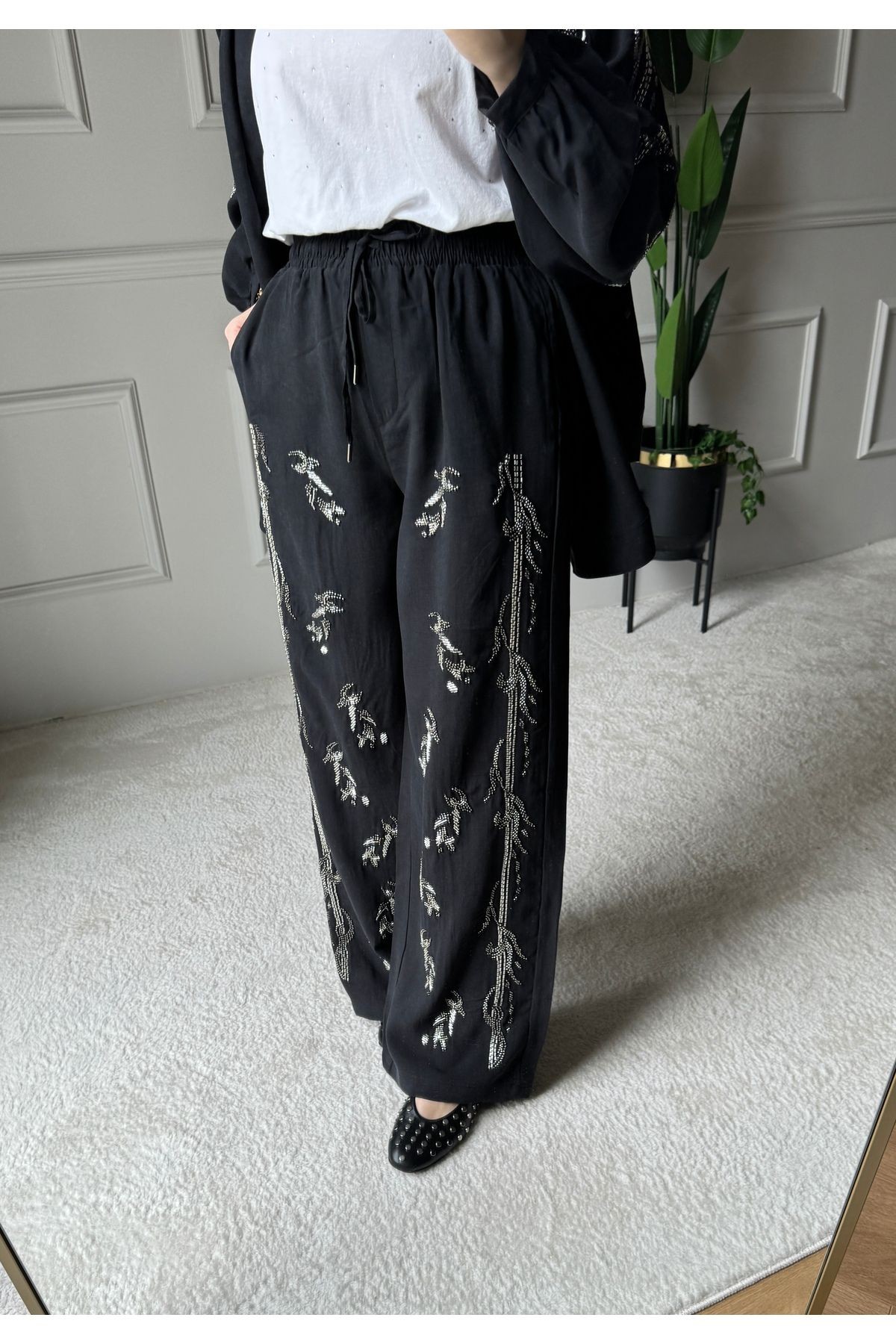 ORFEO NEGRO Taş İşlemeli Kimono ve Pantolon İkili Takım - Siyah