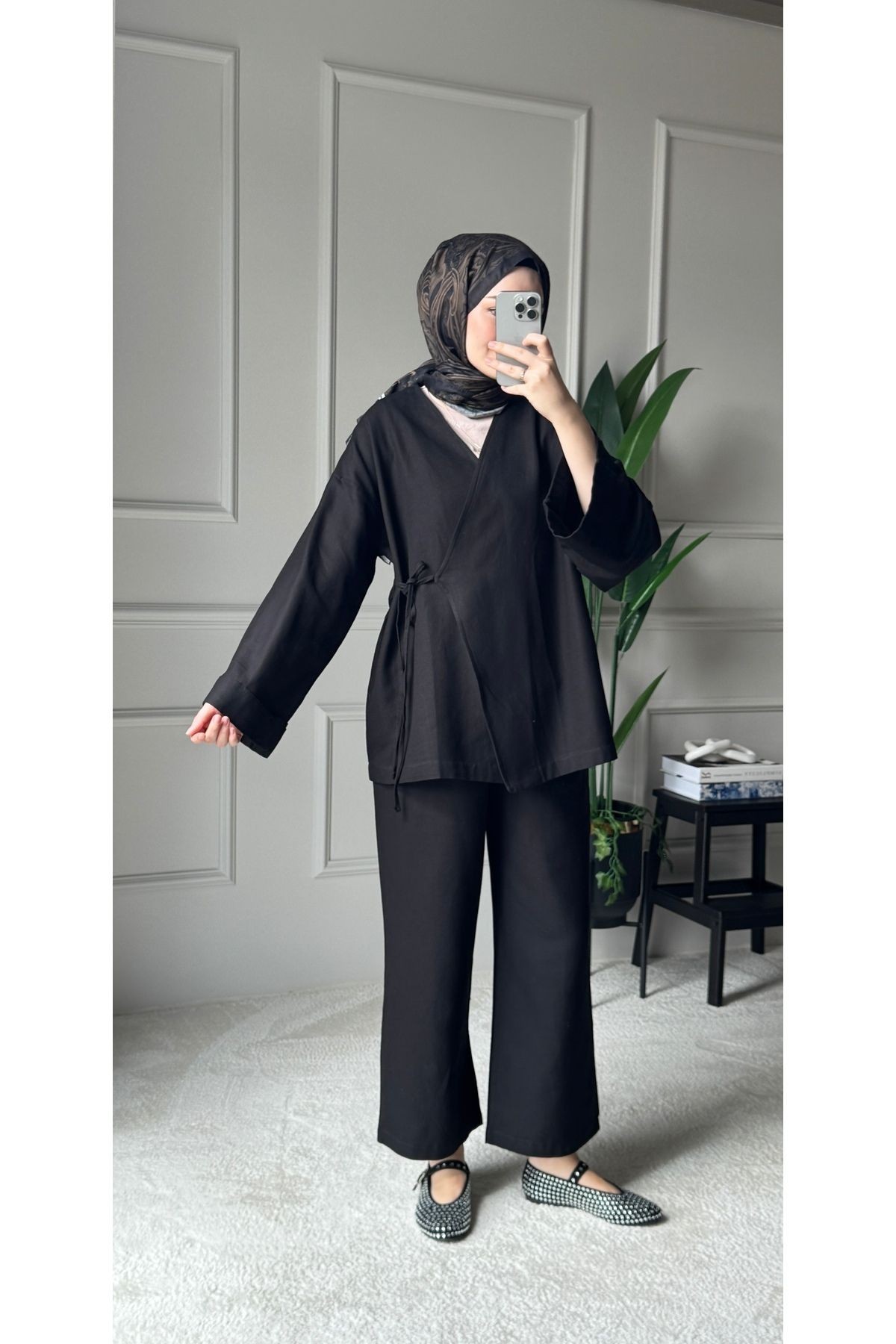 Bağcıklı Premium Kumaş Rahat Kimono Takım - Bej