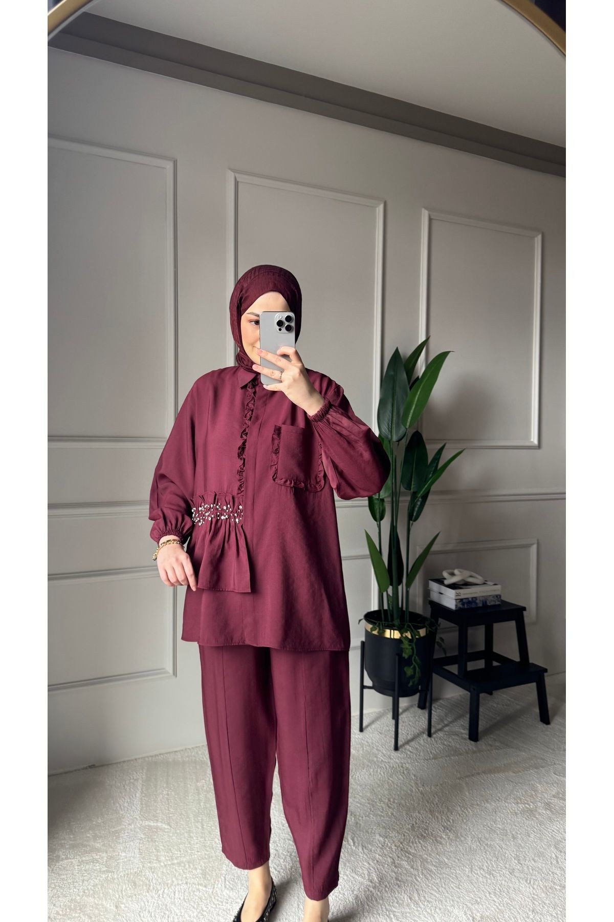 Taşlı Fırfır Detaylı Gömlek Pantolon Tesettür İkili Takım - Bordo