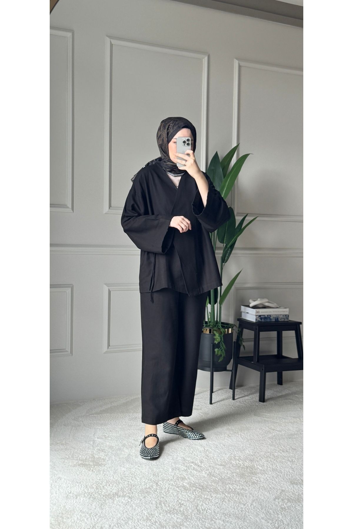 Bağcıklı Premium Kumaş Rahat Kimono Takım - Bej