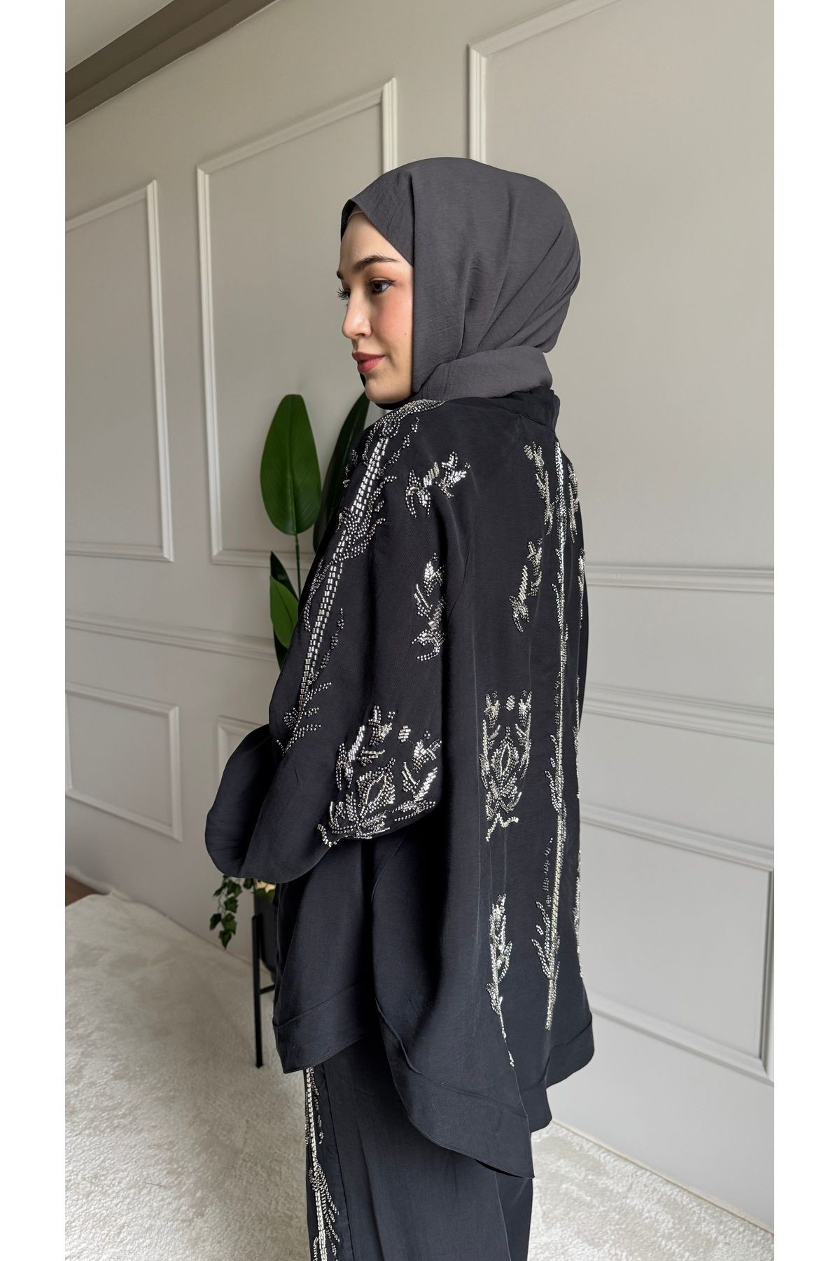 ORFEO NEGRO Taş İşlemeli Kimono ve Pantolon İkili Takım - Siyah