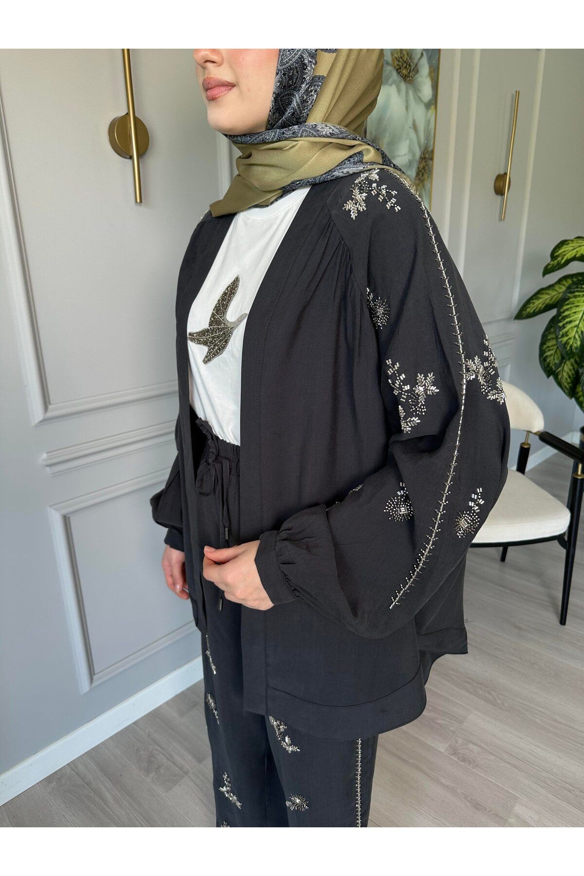 ORFEO NEGRO Taş İşlemeli Kimono ve Pantolon İkili Takım - Antrasit