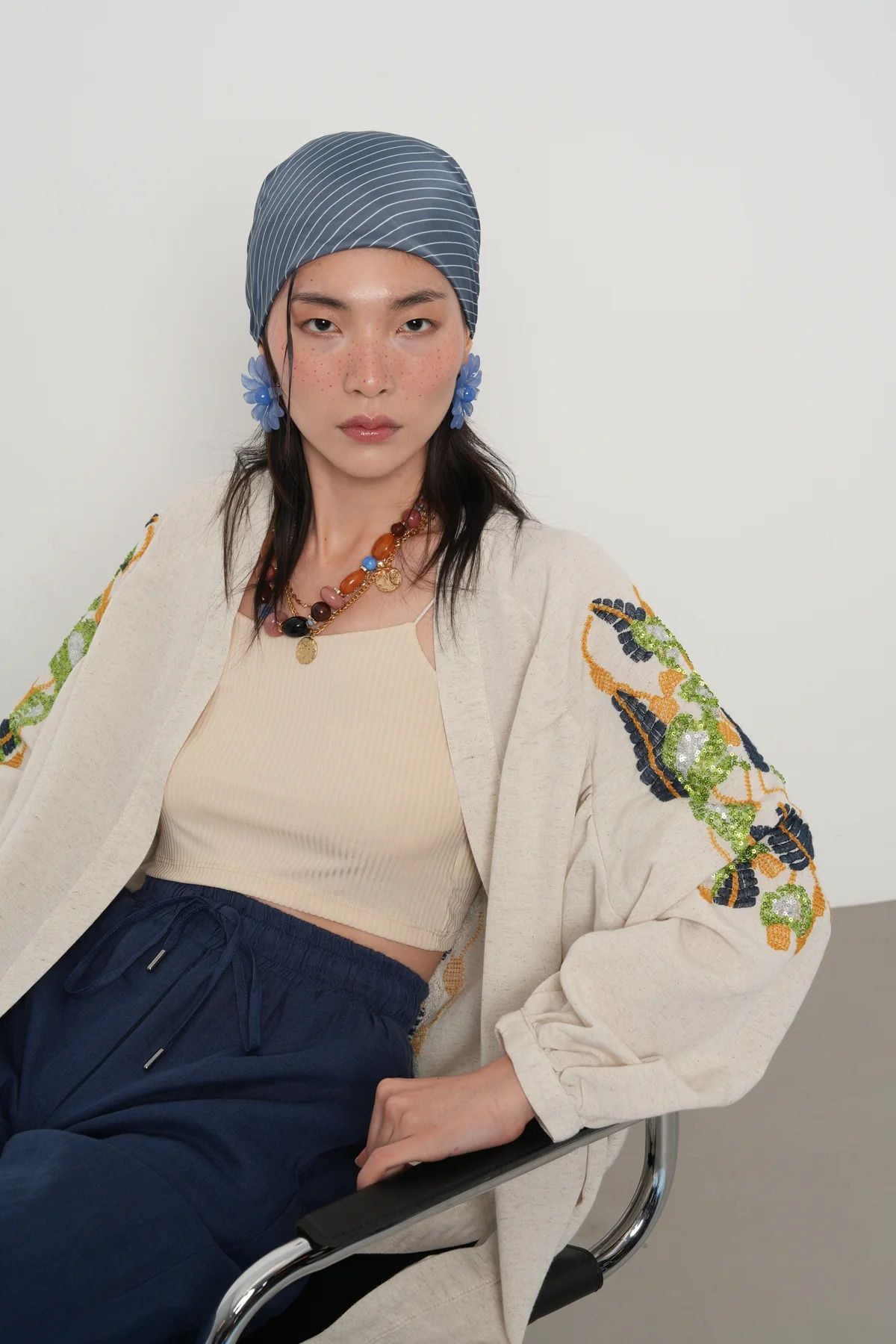 Keten Nakış İşlemeli Kimono - mavi-yeşil desenli