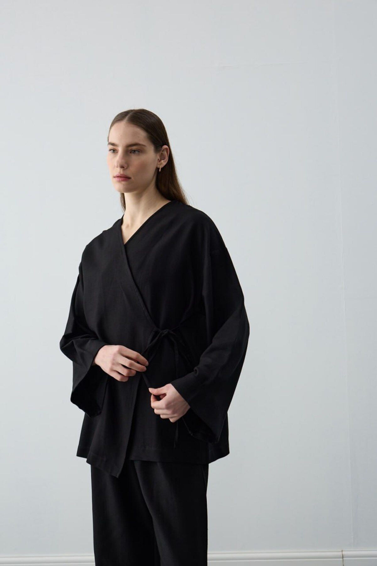 Bağcıklı Premium Kumaş Rahat Kimono Takım - Bej