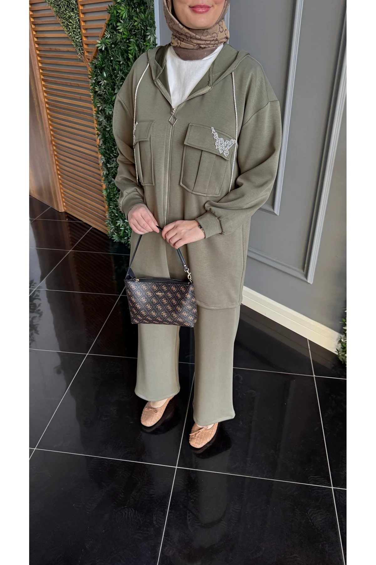 Beymn Taş İşlemeli Modal Tessettür İkili Takım - Haki