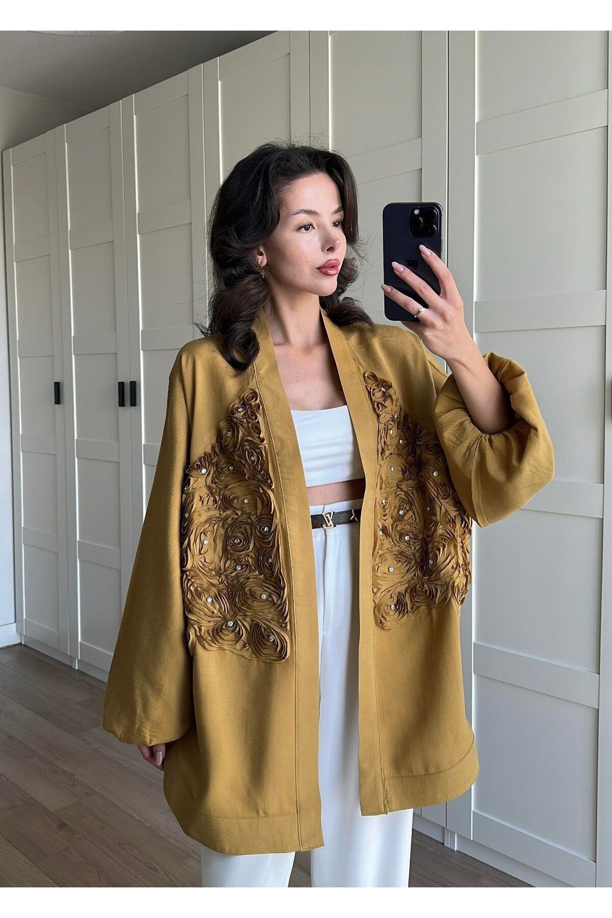 Gül Detaylı Premium Kimono - yağ yeşili