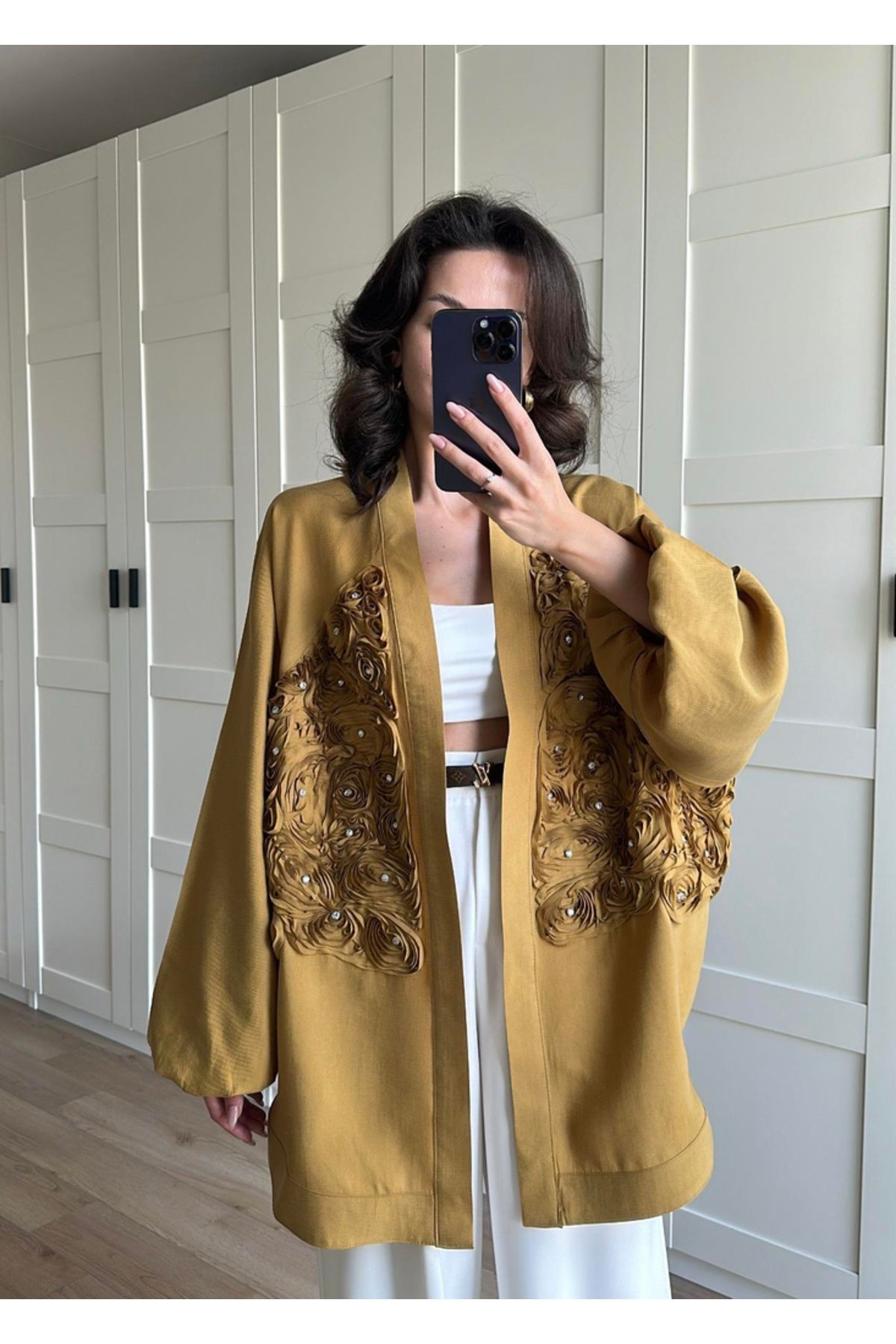 Gül Detaylı Premium Kimono - yağ yeşili