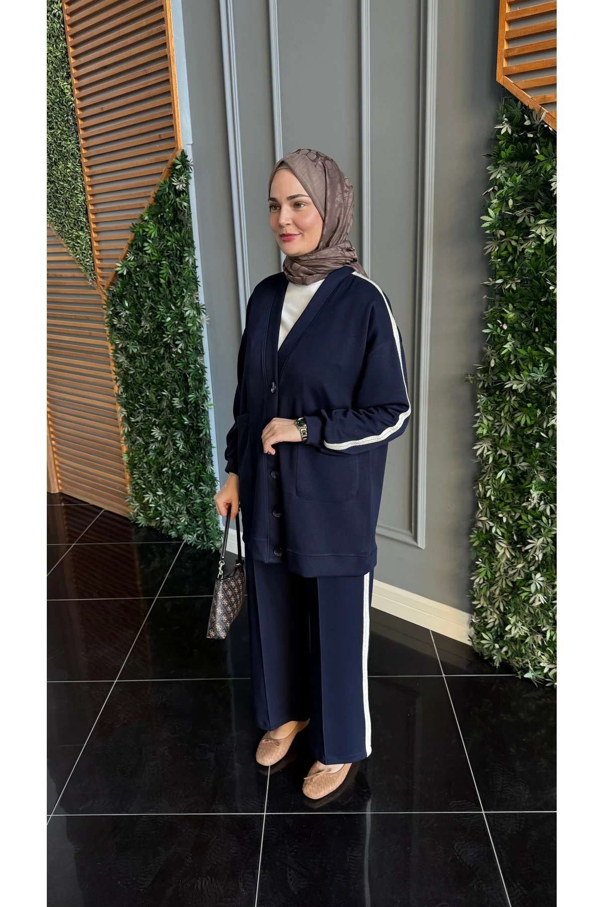 Siena Şerit Detaylı Modal Tesettür İkili Takım - Lacivert