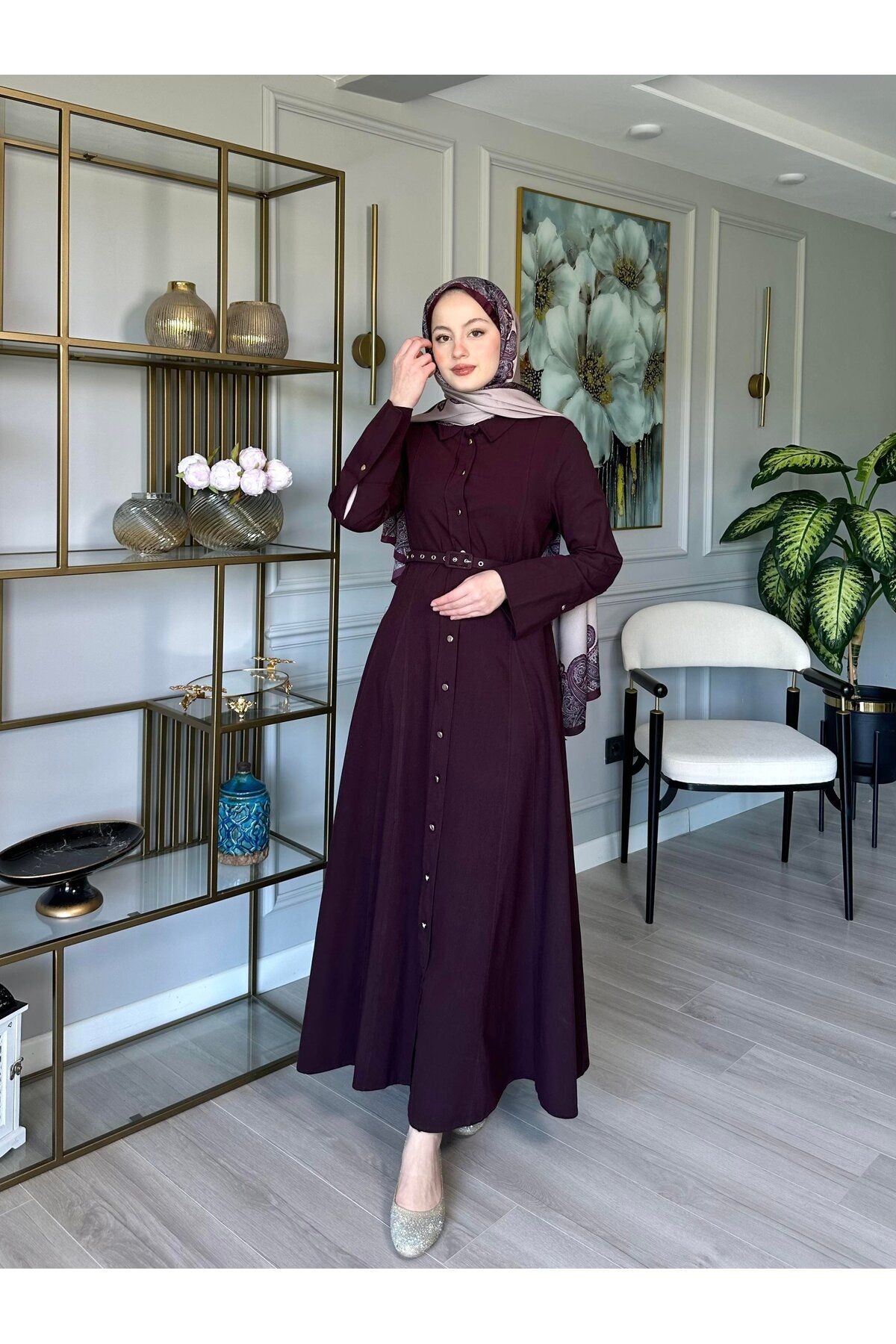 Moi Boydan Düğmeli Kemerli Keten Elbise - Bordo