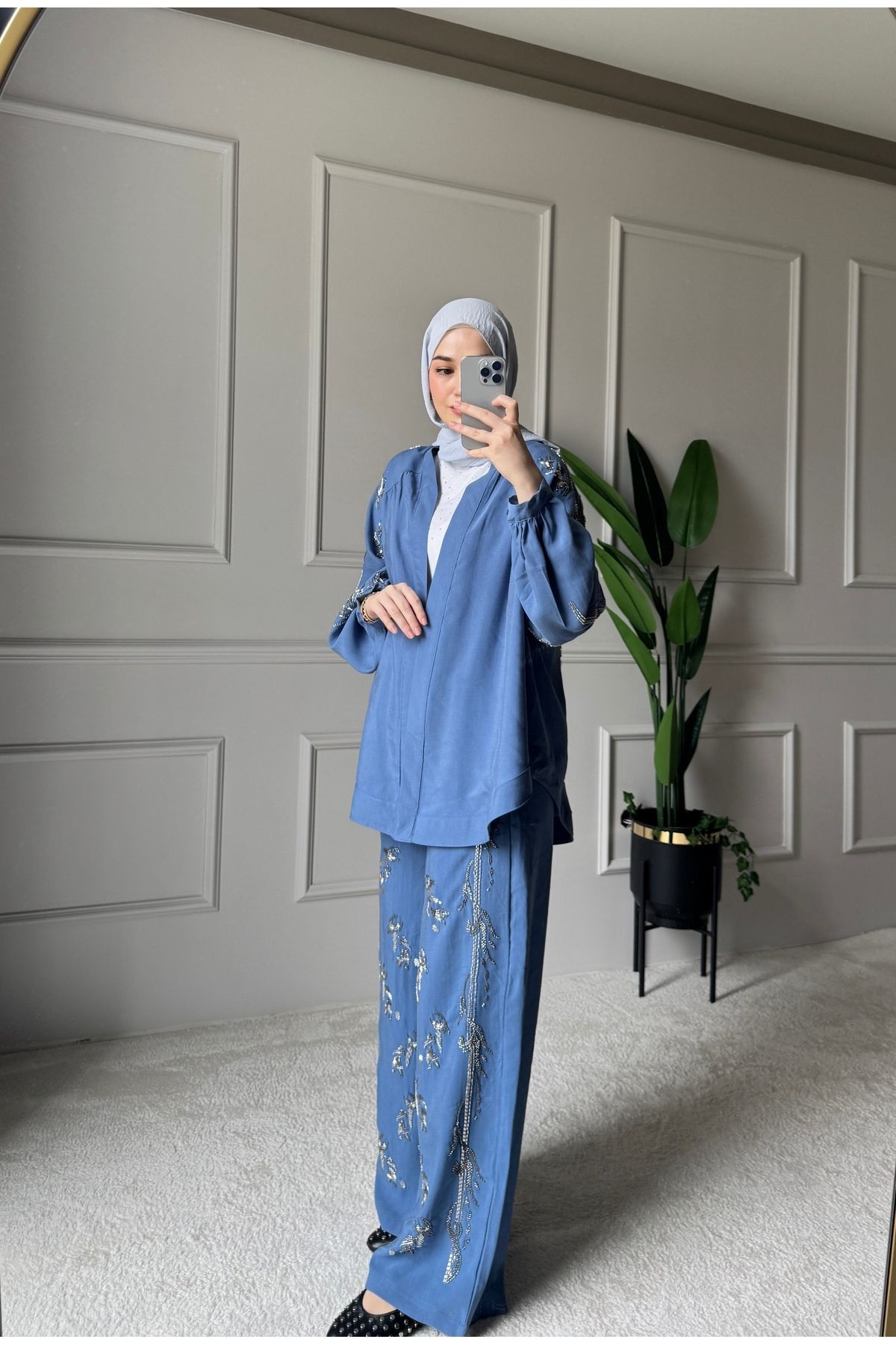 ORFEO NEGRO Taş İşlemeli Kimono ve Pantolon İkili Takım - indigo