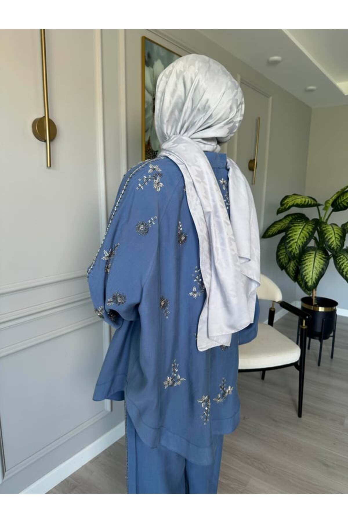 Taş İşlemeli Kimono - Mavi
