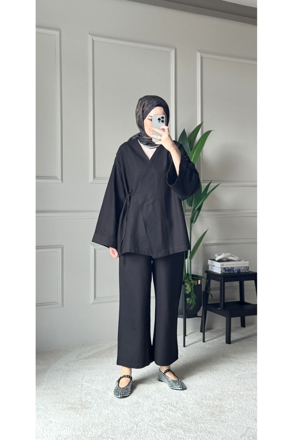 Bağcıklı Premium Kumaş Rahat Kimono Takım - Bej