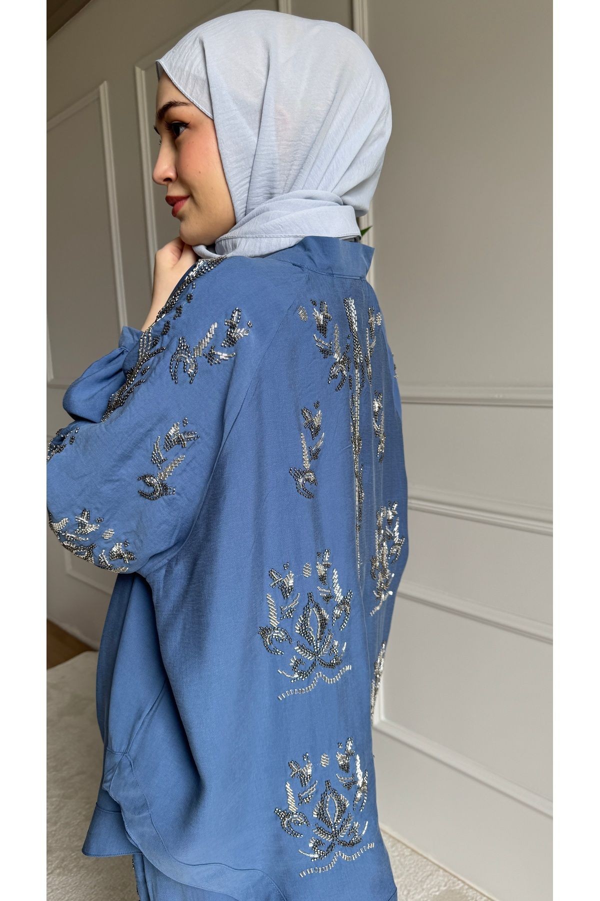 ORFEO NEGRO Taş İşlemeli Kimono ve Pantolon İkili Takım - indigo