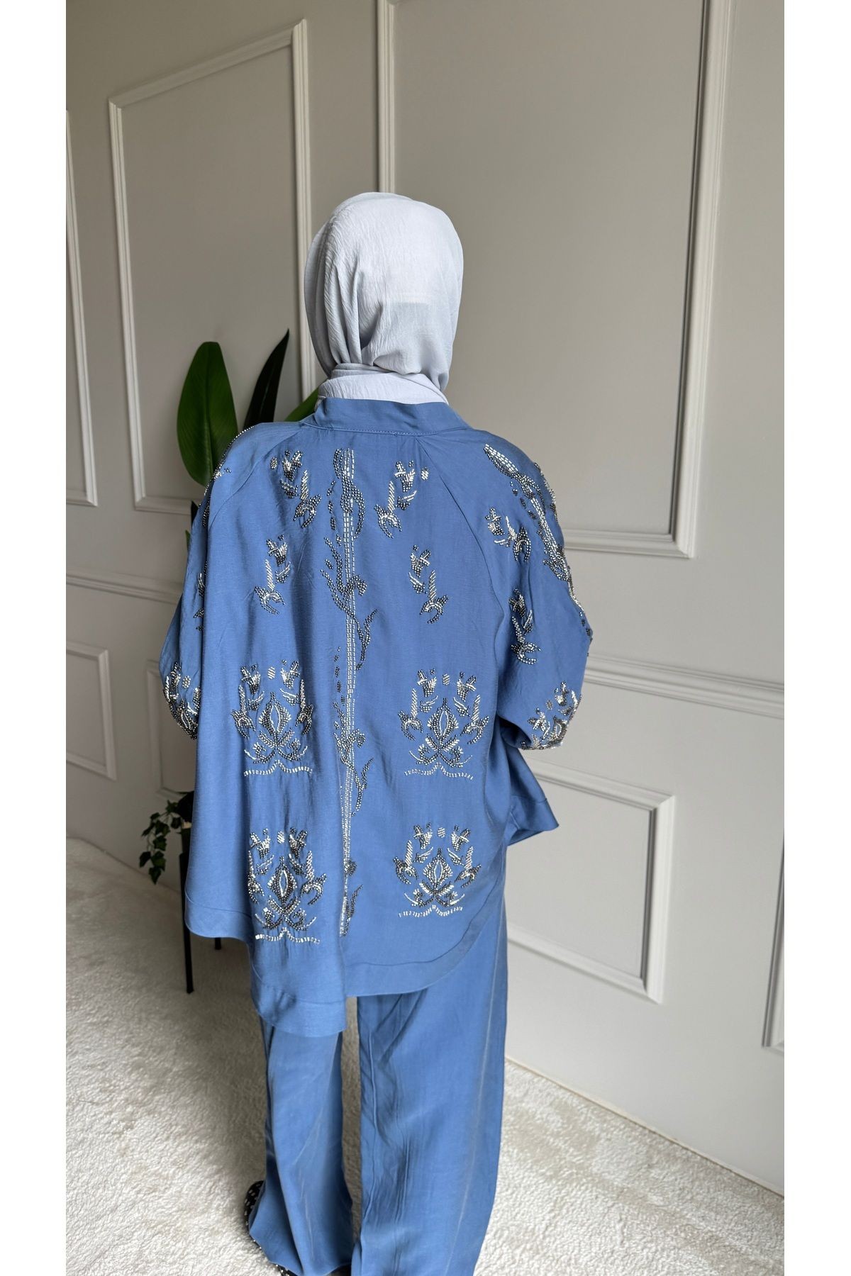 ORFEO NEGRO Taş İşlemeli Kimono ve Pantolon İkili Takım - indigo
