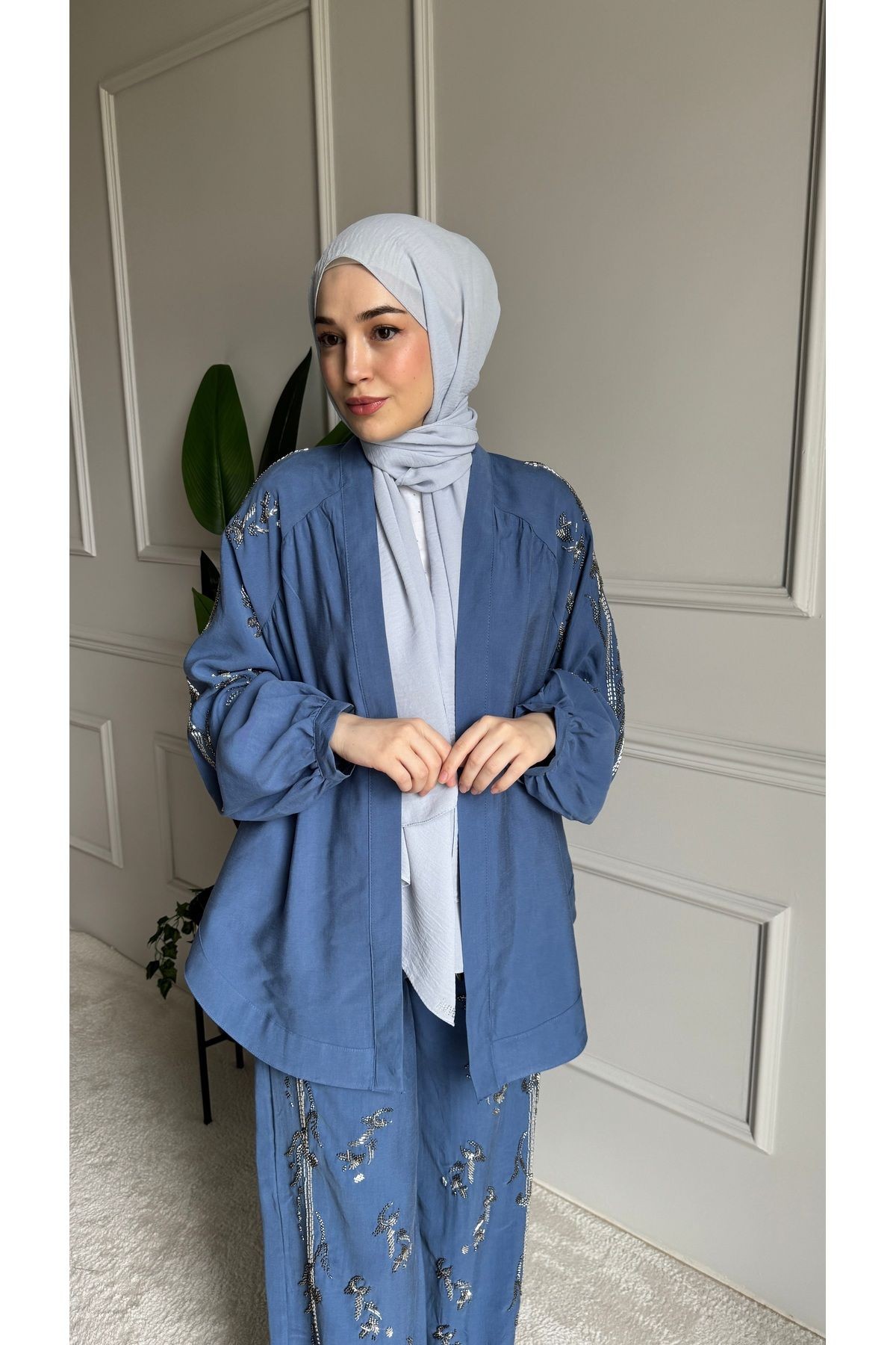 ORFEO NEGRO Taş İşlemeli Kimono ve Pantolon İkili Takım - indigo