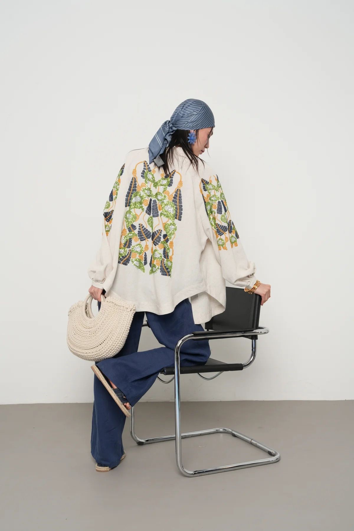 Keten Nakış İşlemeli Kimono - mavi-yeşil desenli