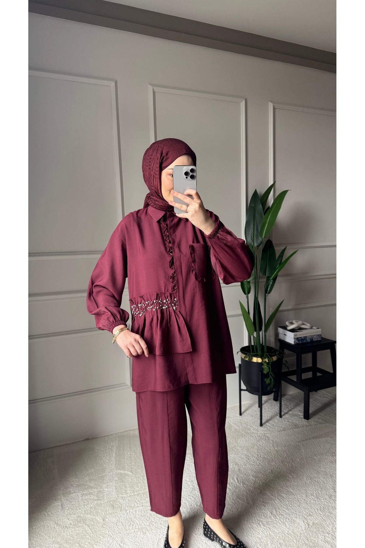 Taşlı Fırfır Detaylı Gömlek Pantolon Tesettür İkili Takım - Bordo