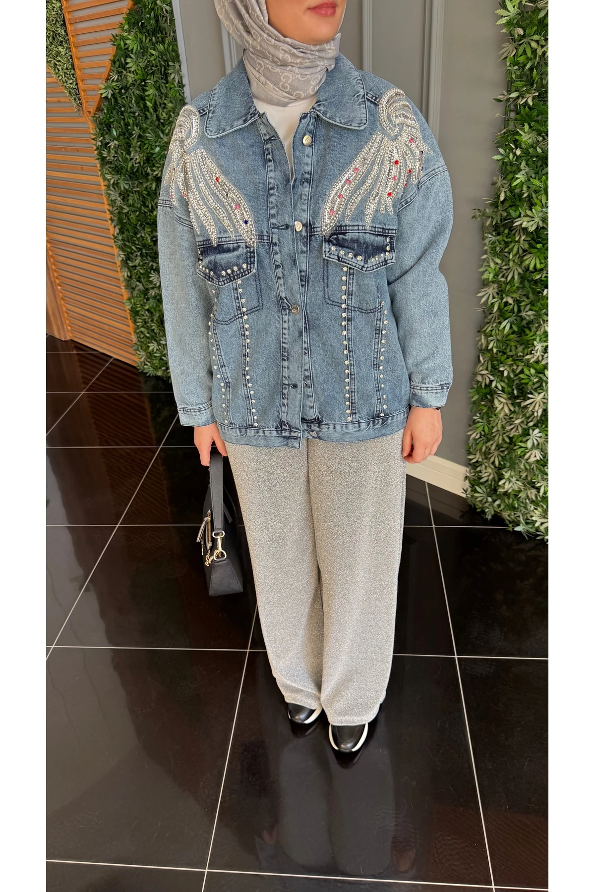 Mira Taş/Payet İşlemeli Kot Ceket - Mavi