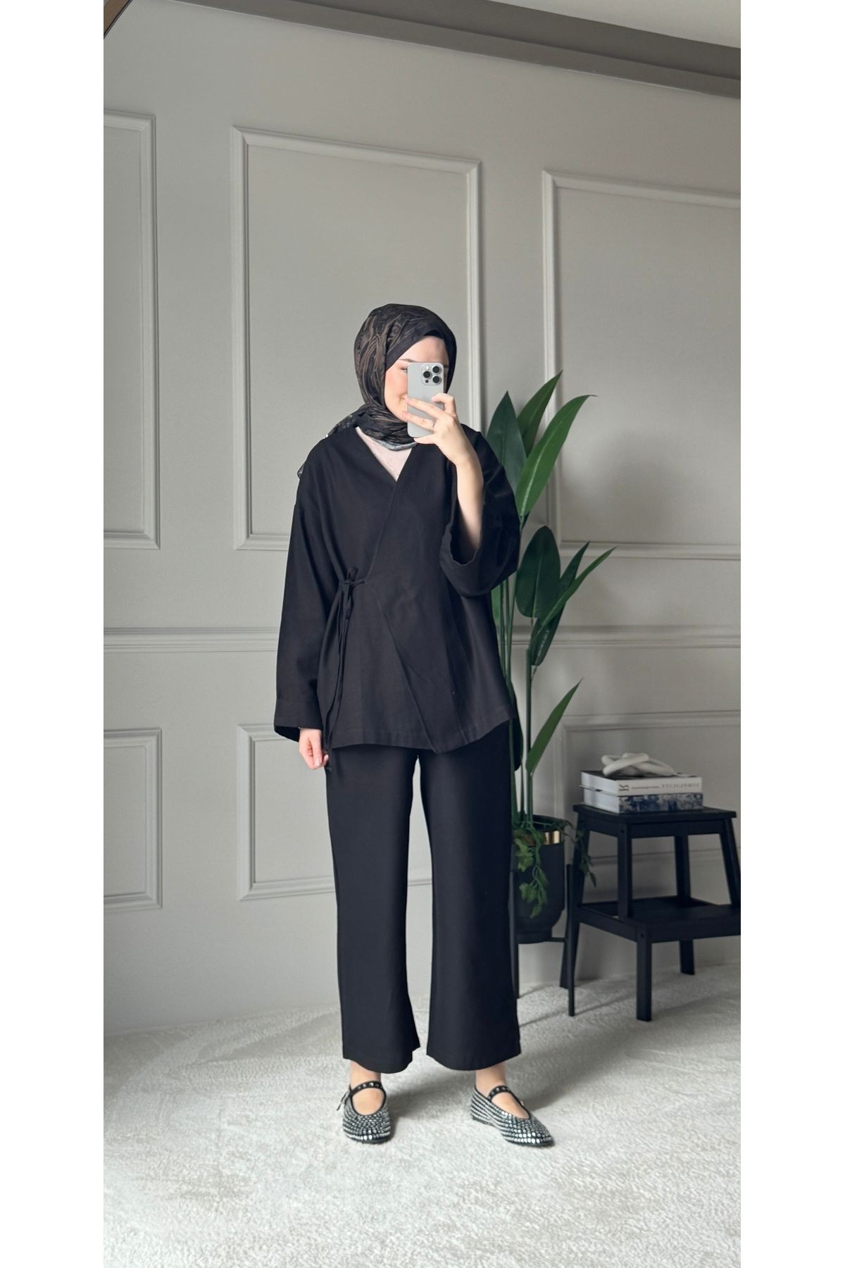 Bağcıklı Premium Kumaş Rahat Kimono Takım - Bej