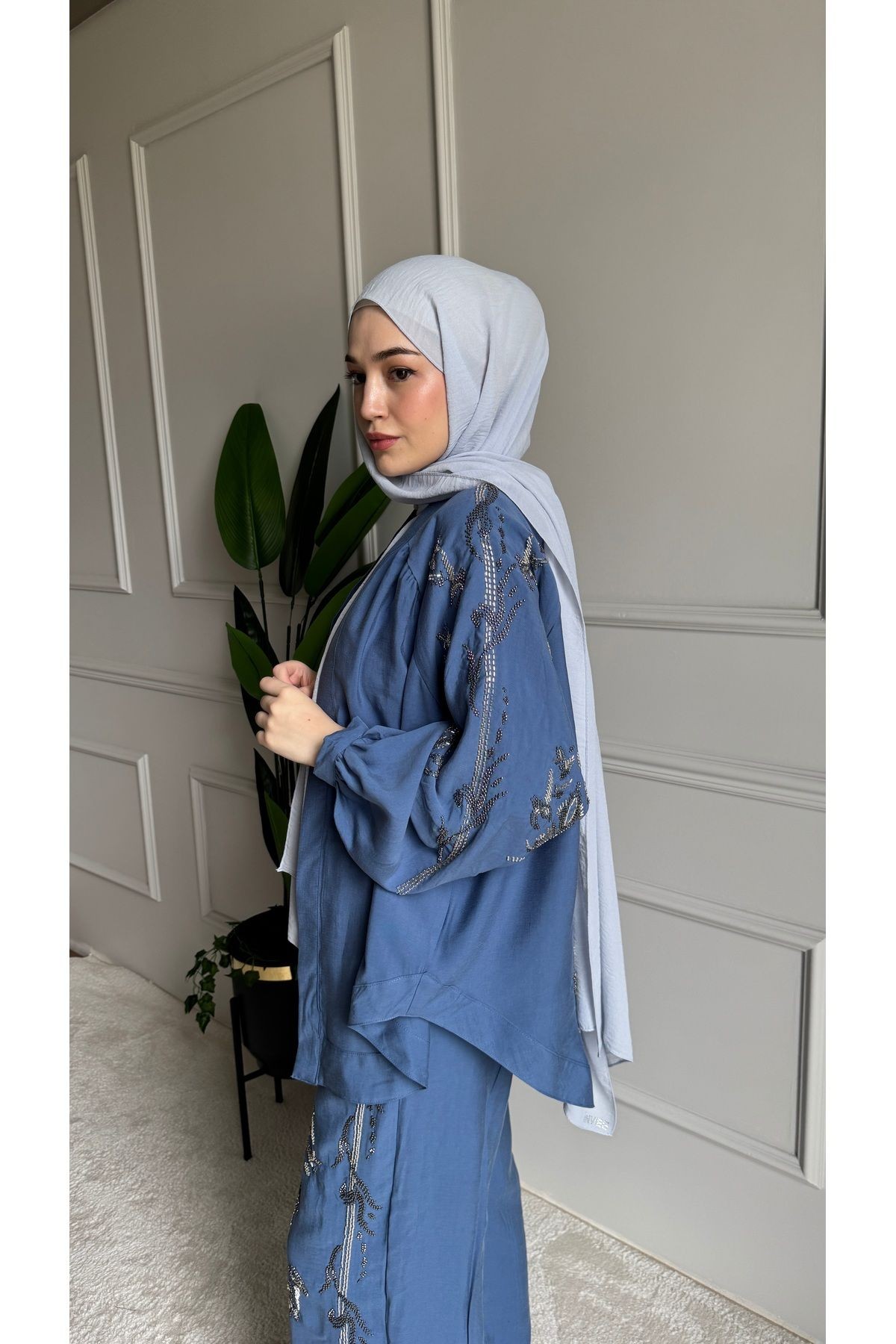 ORFEO NEGRO Taş İşlemeli Kimono ve Pantolon İkili Takım - indigo