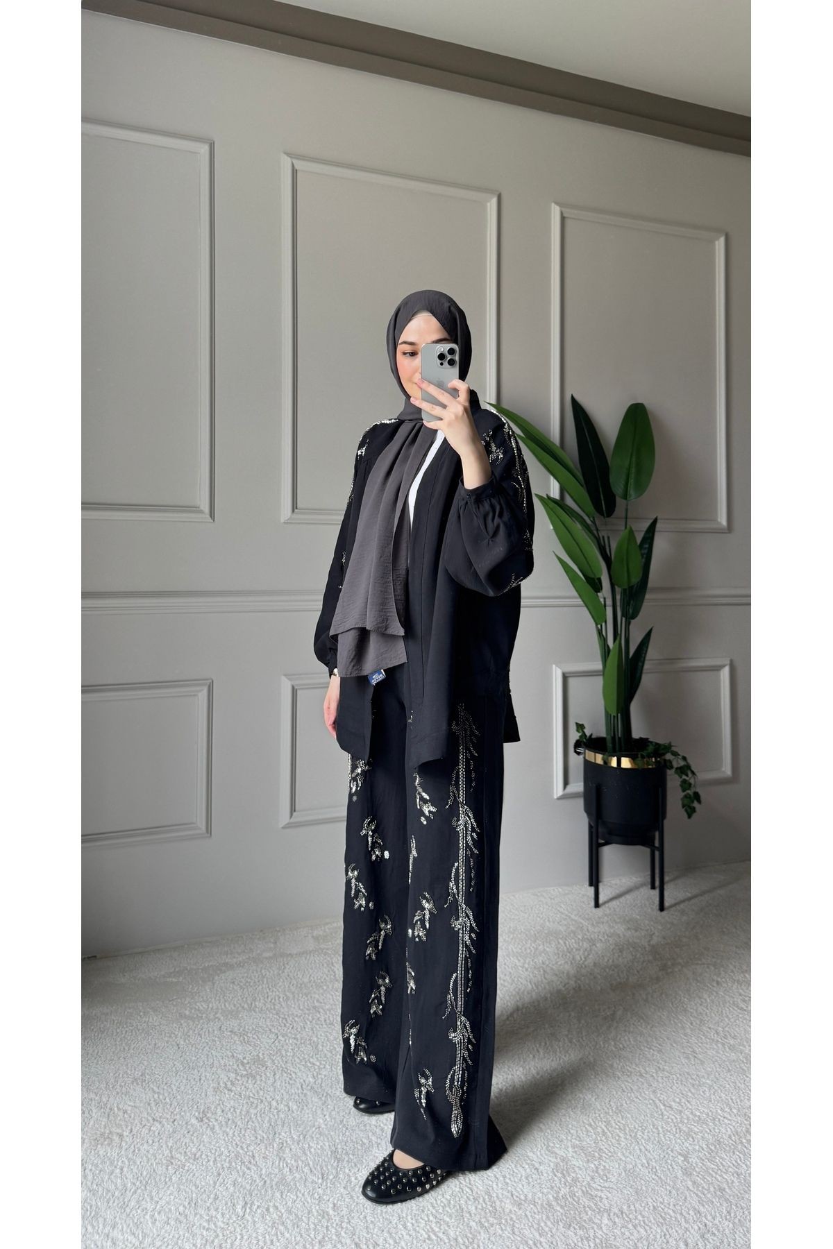 ORFEO NEGRO Taş İşlemeli Kimono ve Pantolon İkili Takım - Siyah