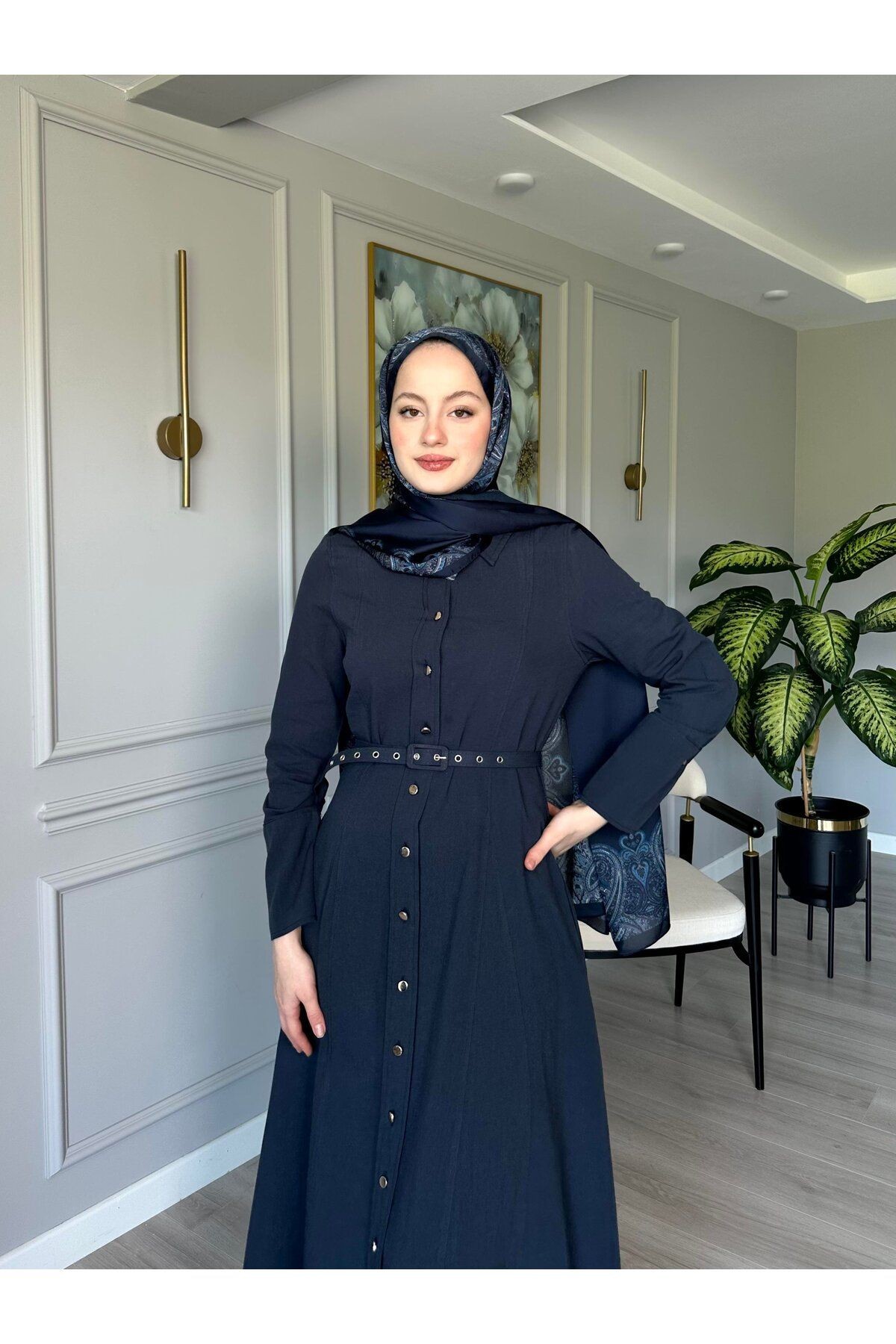 Moi Boydan Düğmeli Kemerli Keten Elbise - Lacivert