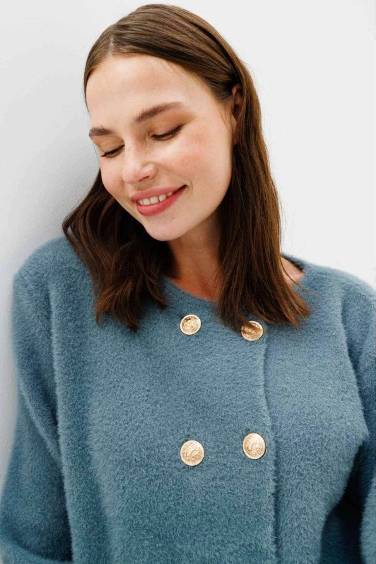 Gold Düğme Detaylı Angora Hırka - Çağla Yeşili