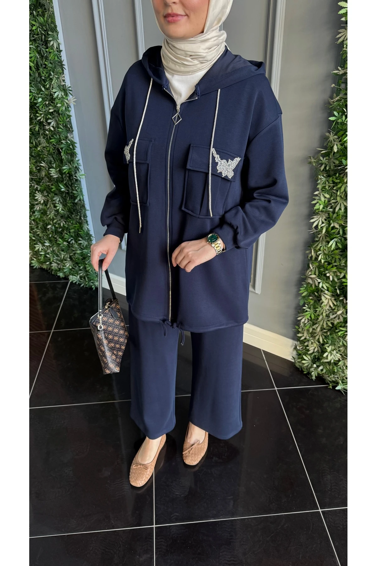 Beymn Taş İşlemeli Modal Tessettür İkili Takım - Lacivert