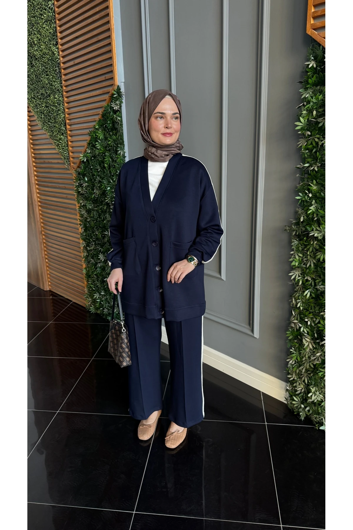 Siena Şerit Detaylı Modal Tesettür İkili Takım - Lacivert