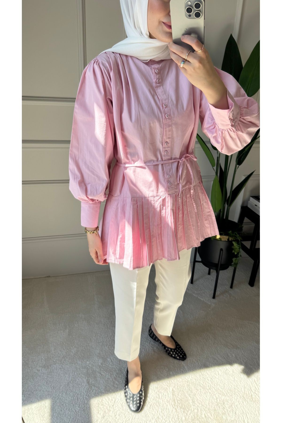 Pilise Detaylı Poplin Gömlek - Pembe
