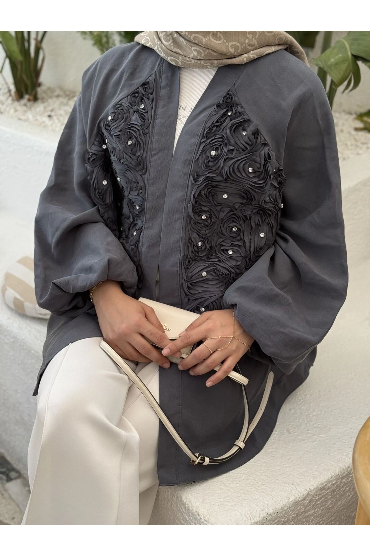 Gül Detaylı Premium Kimono - Antrasit