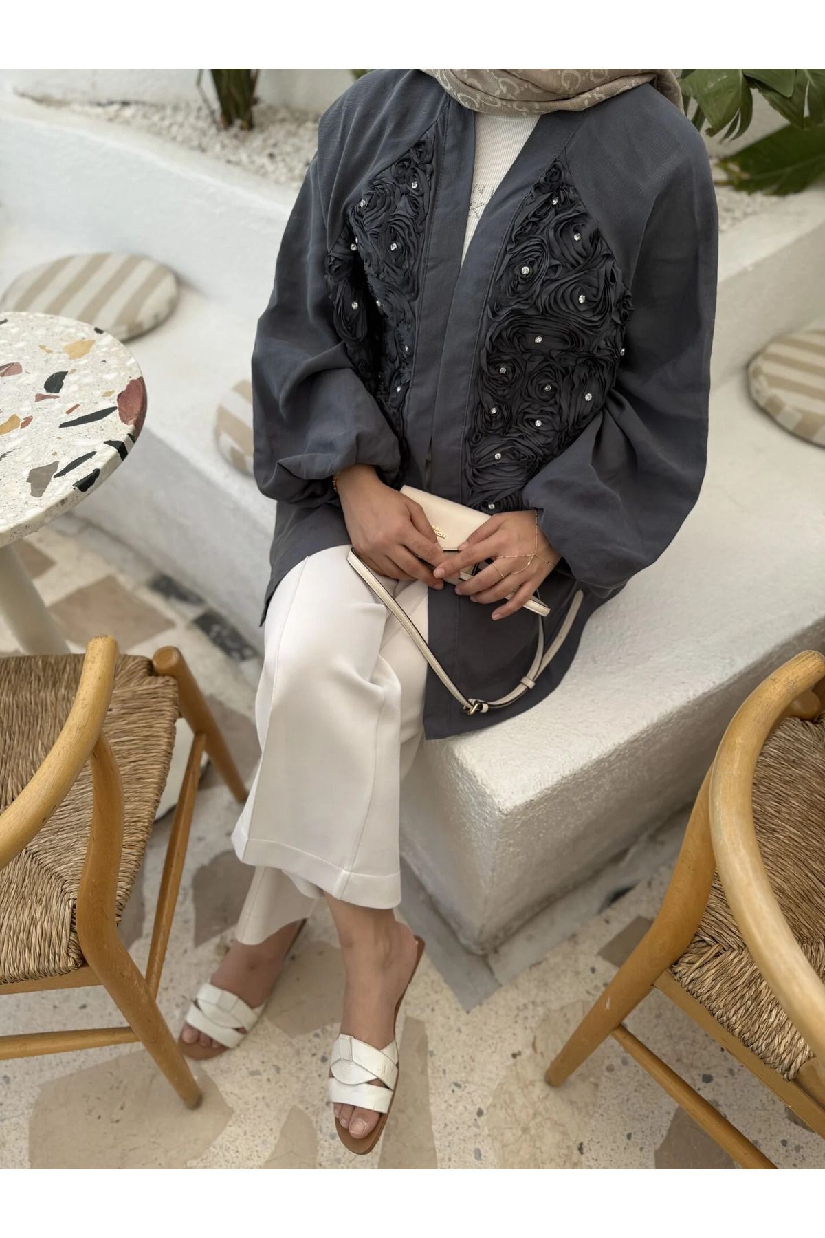 Gül Detaylı Premium Kimono - Antrasit