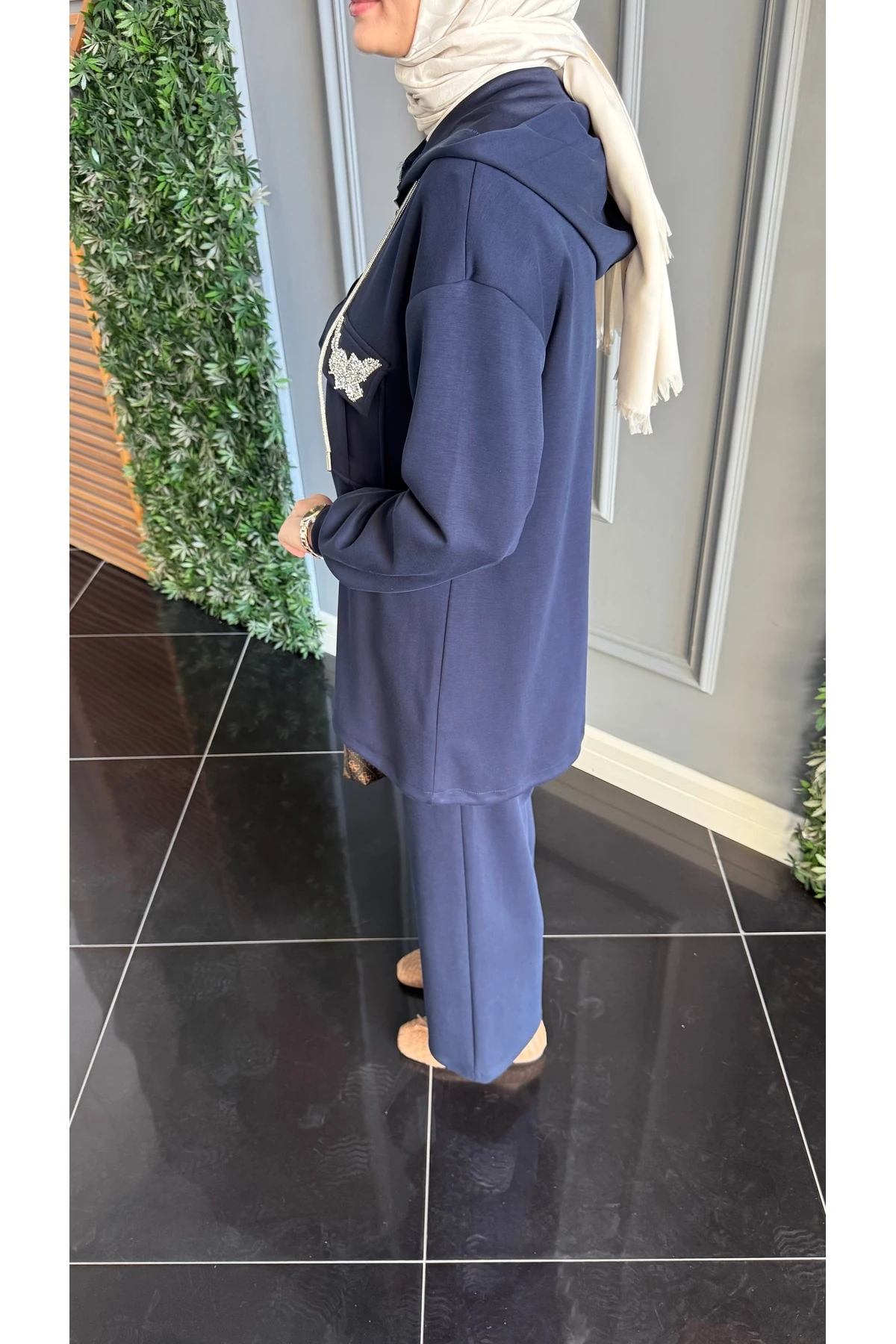 Beymn Taş İşlemeli Modal Tessettür İkili Takım - Lacivert