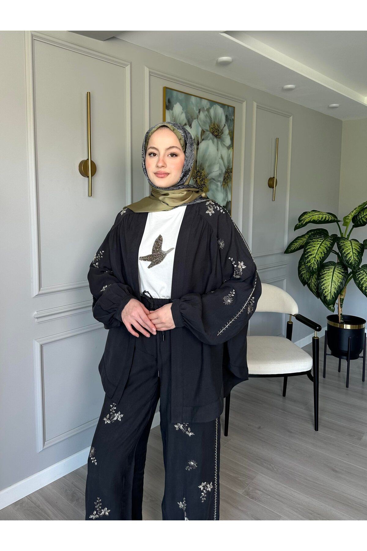 ORFEO NEGRO Taş İşlemeli Kimono ve Pantolon İkili Takım - Antrasit