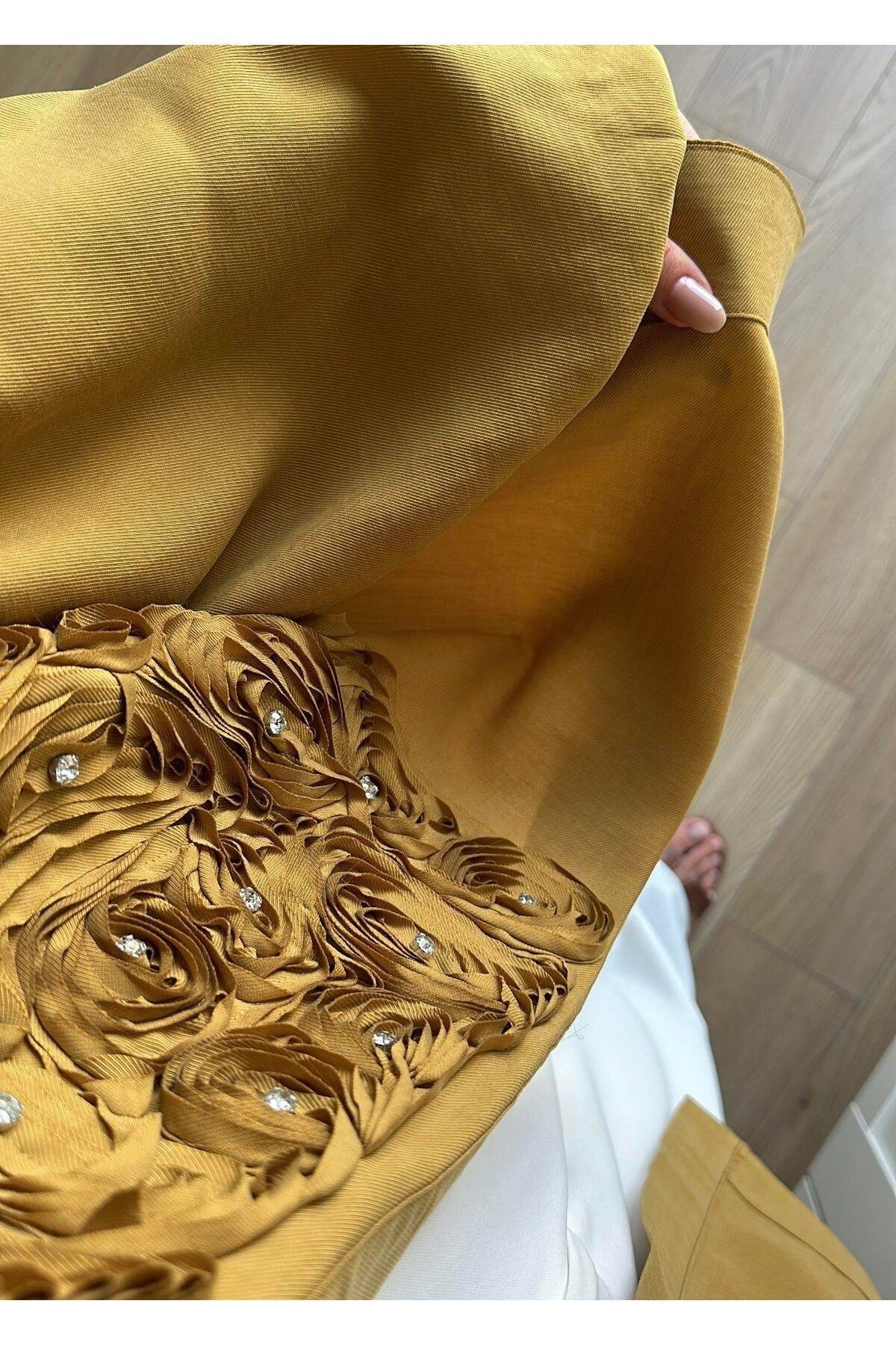 Gül Detaylı Premium Kimono - yağ yeşili