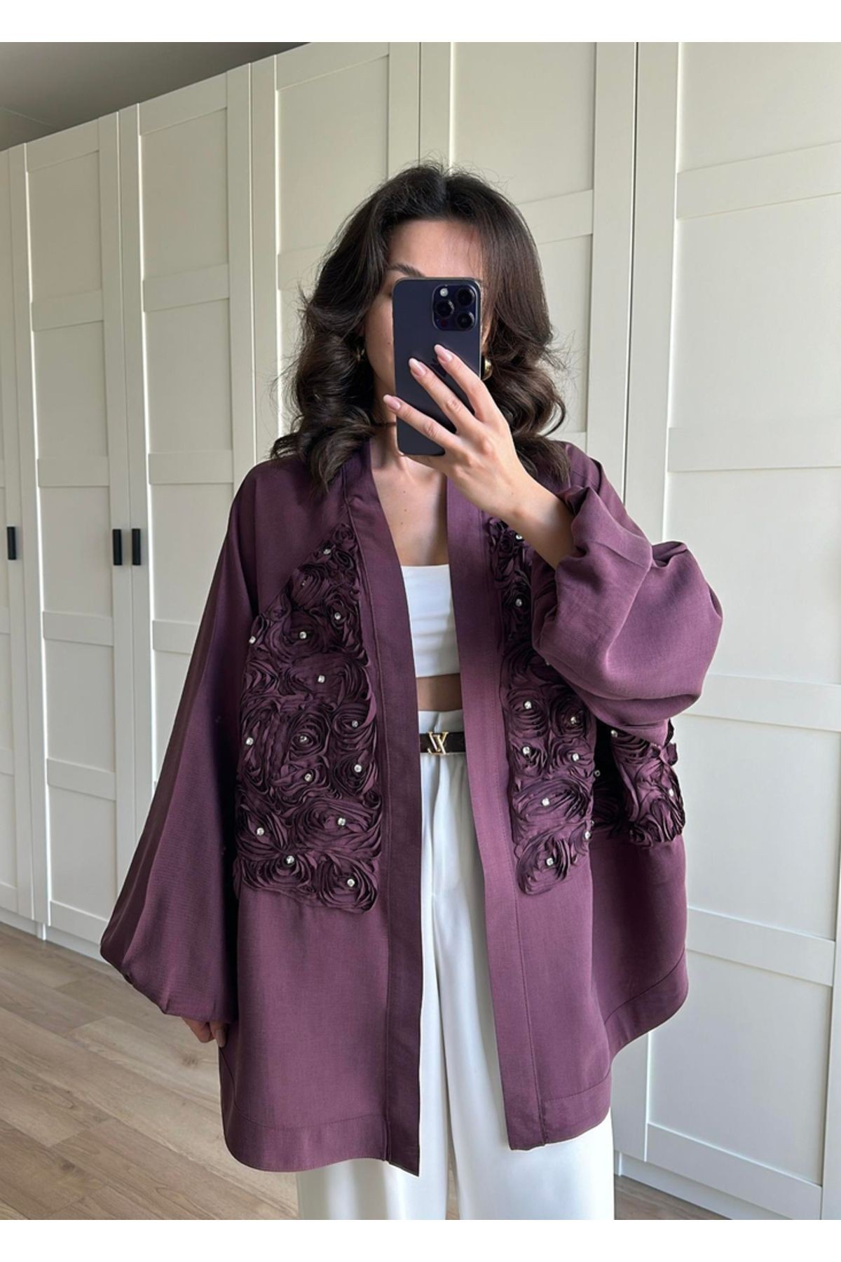 Gül Detaylı Premium Kimono - mürdüm