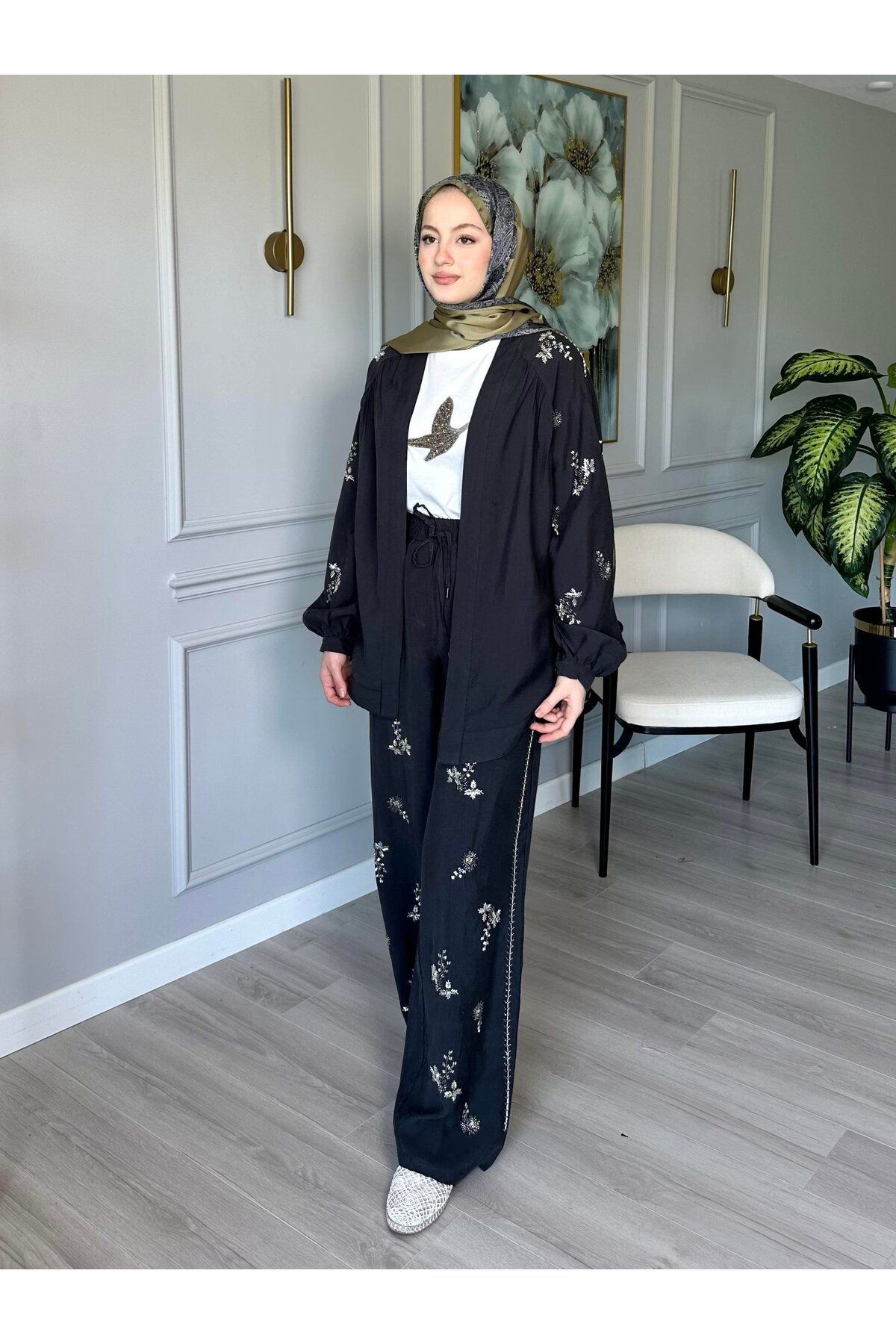 ORFEO NEGRO Taş İşlemeli Kimono ve Pantolon İkili Takım - Antrasit