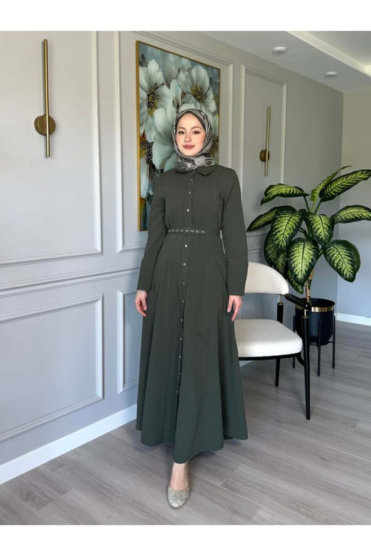 Moi Boydan Düğmeli Kemerli Keten Elbise - Haki