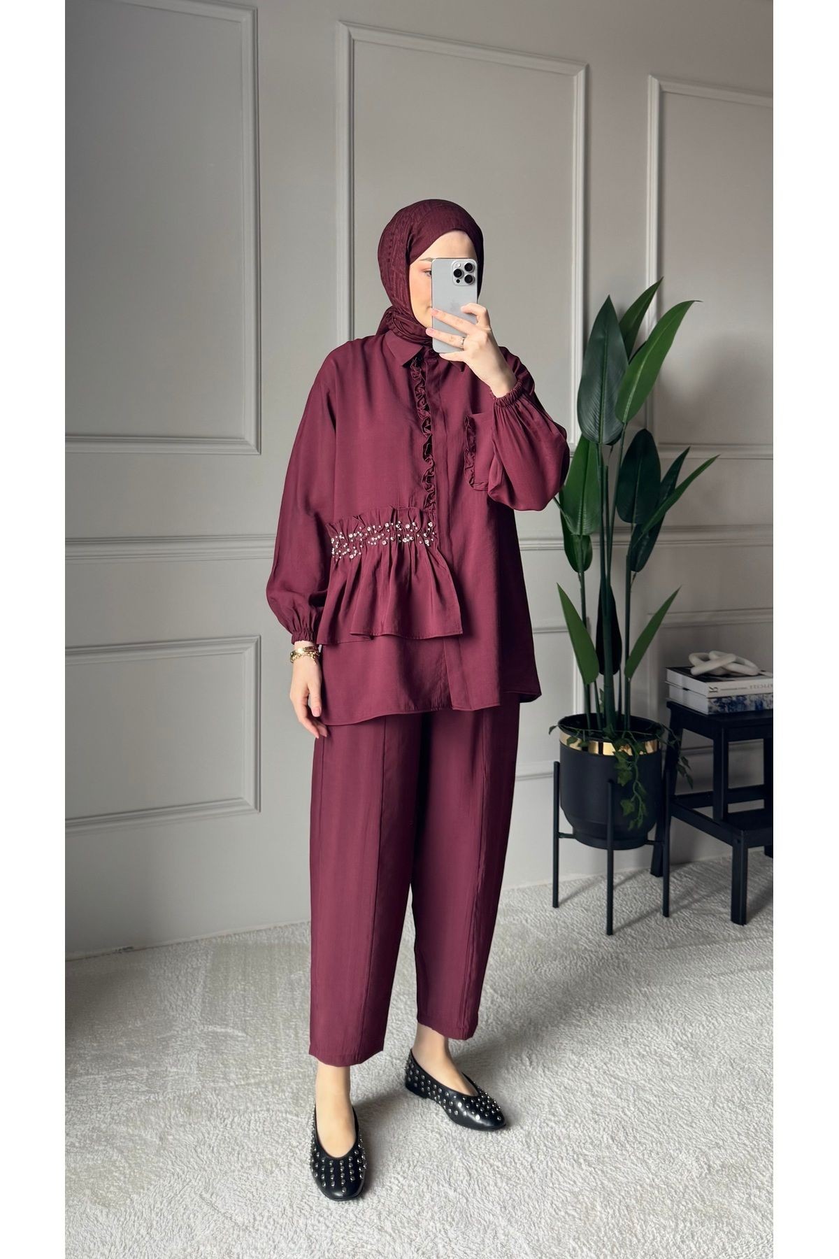 Taşlı Fırfır Detaylı Gömlek Pantolon Tesettür İkili Takım - Bordo