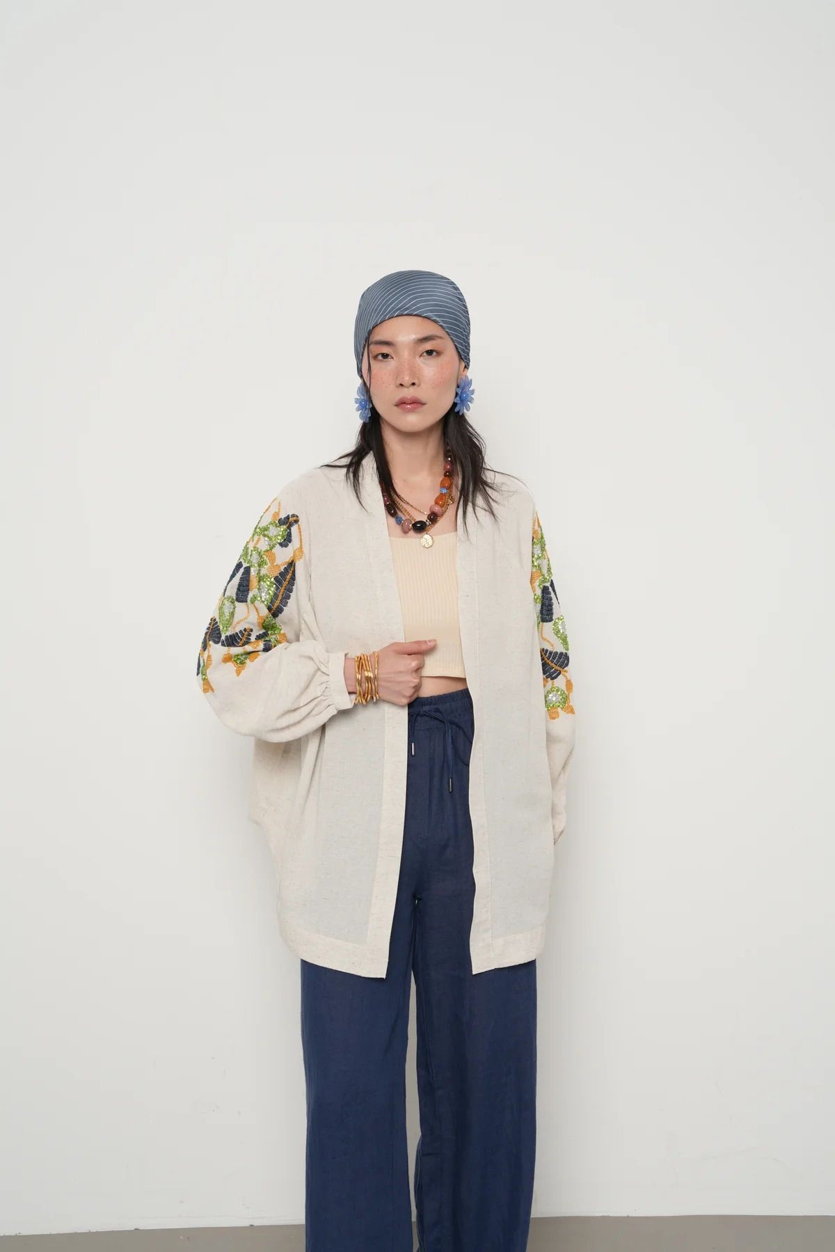 Keten Nakış İşlemeli Kimono - mavi-yeşil desenli