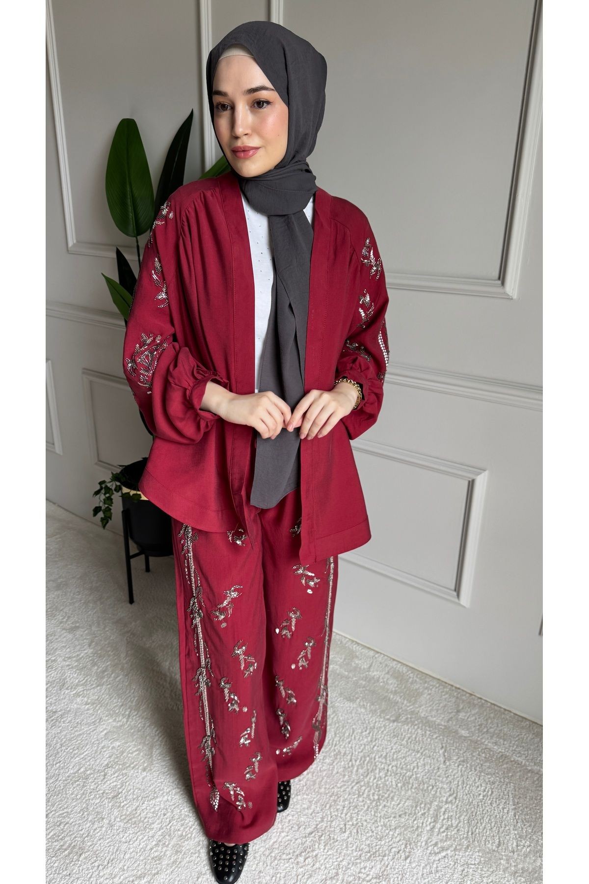 ORFEO NEGRO Taş İşlemeli Kimono ve Pantolon İkili Takım