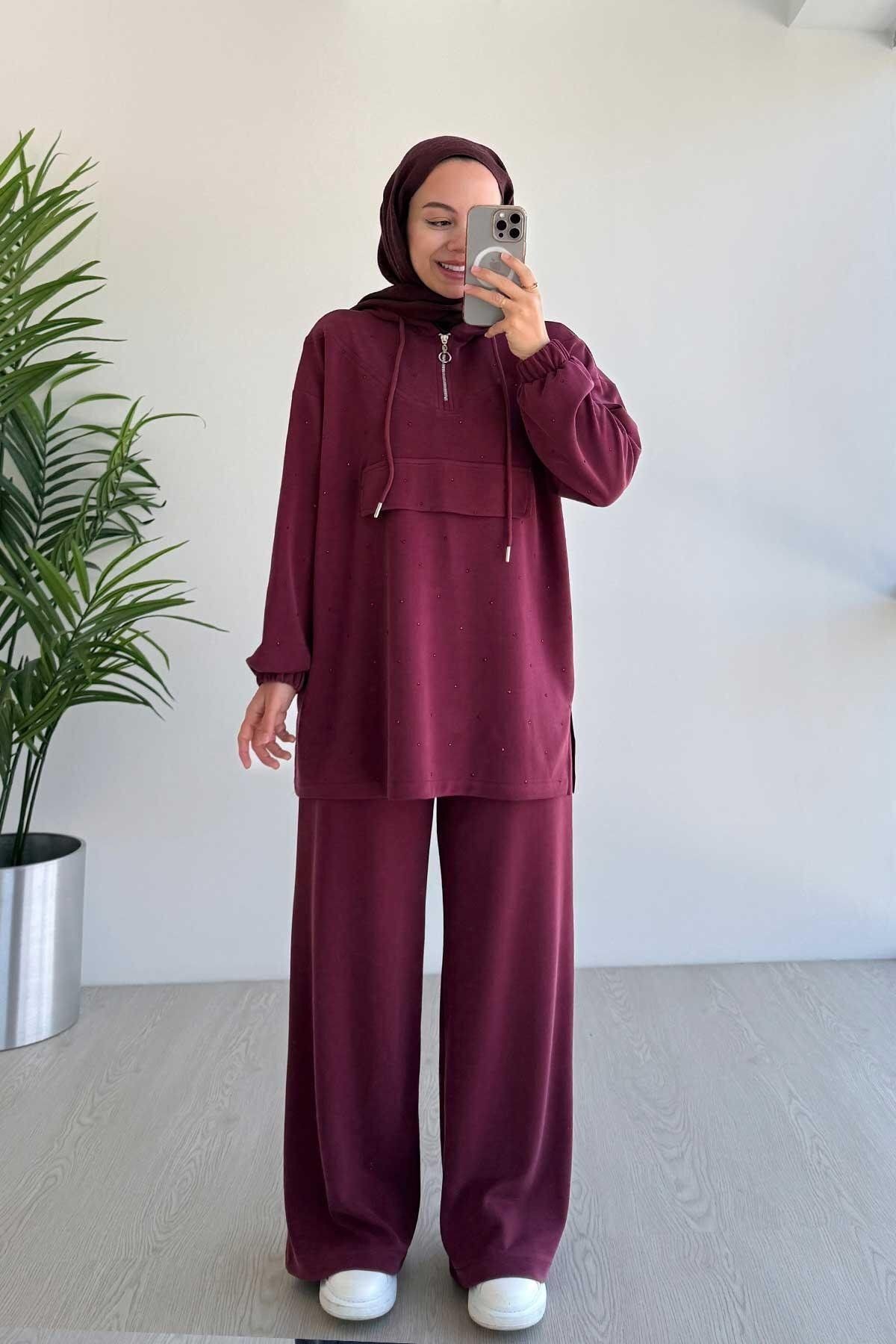 Kapüşonlu Önü Taşlı Premium Kumaş Sweat Pantolon İkili Takım