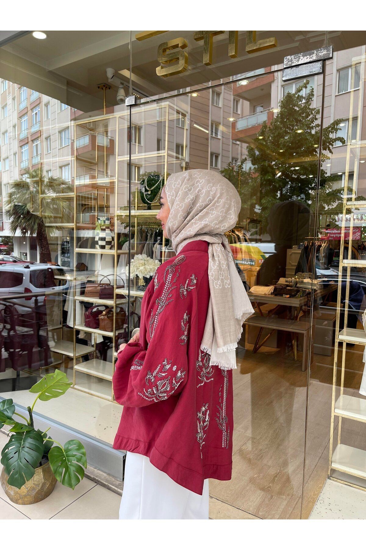 Taş İşlemeli Kimono - Bordo