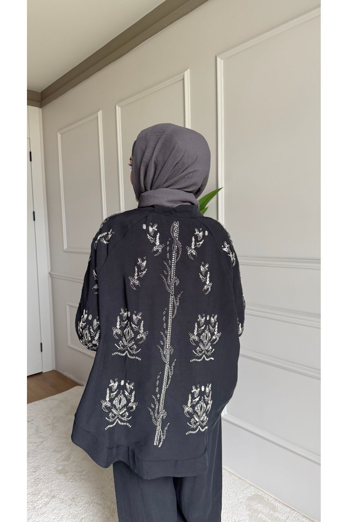 ORFEO NEGRO Taş İşlemeli Kimono ve Pantolon İkili Takım - Siyah