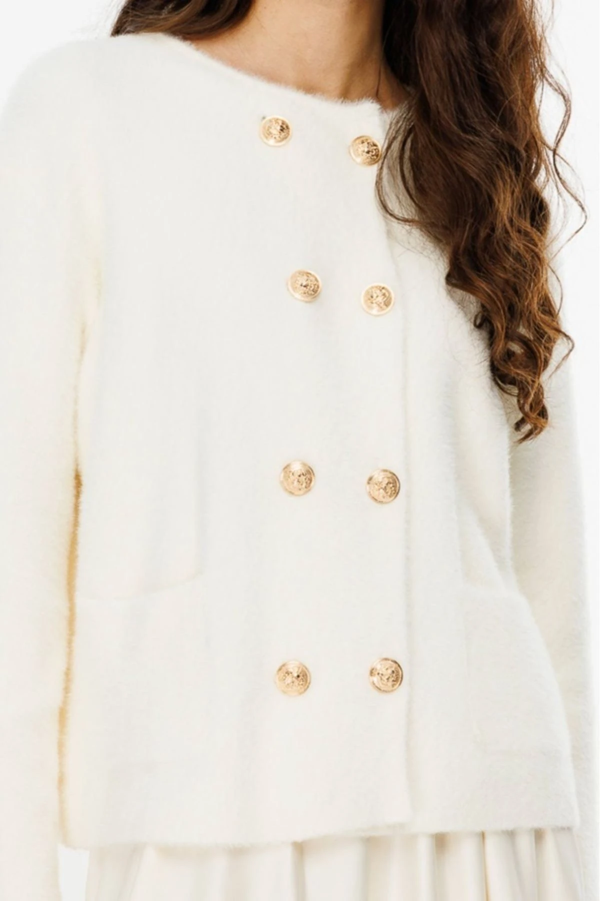 Gold Düğme Detaylı Angora Hırka - Vanilya