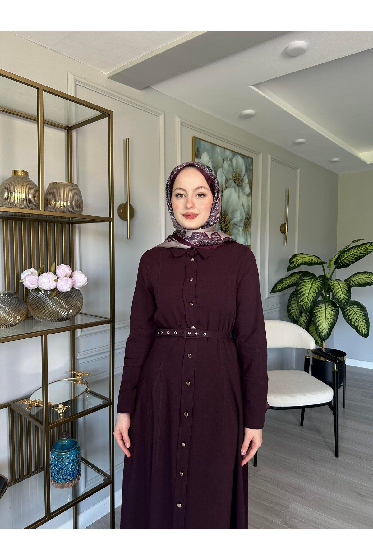 Moi Boydan Düğmeli Kemerli Keten Elbise - Bordo