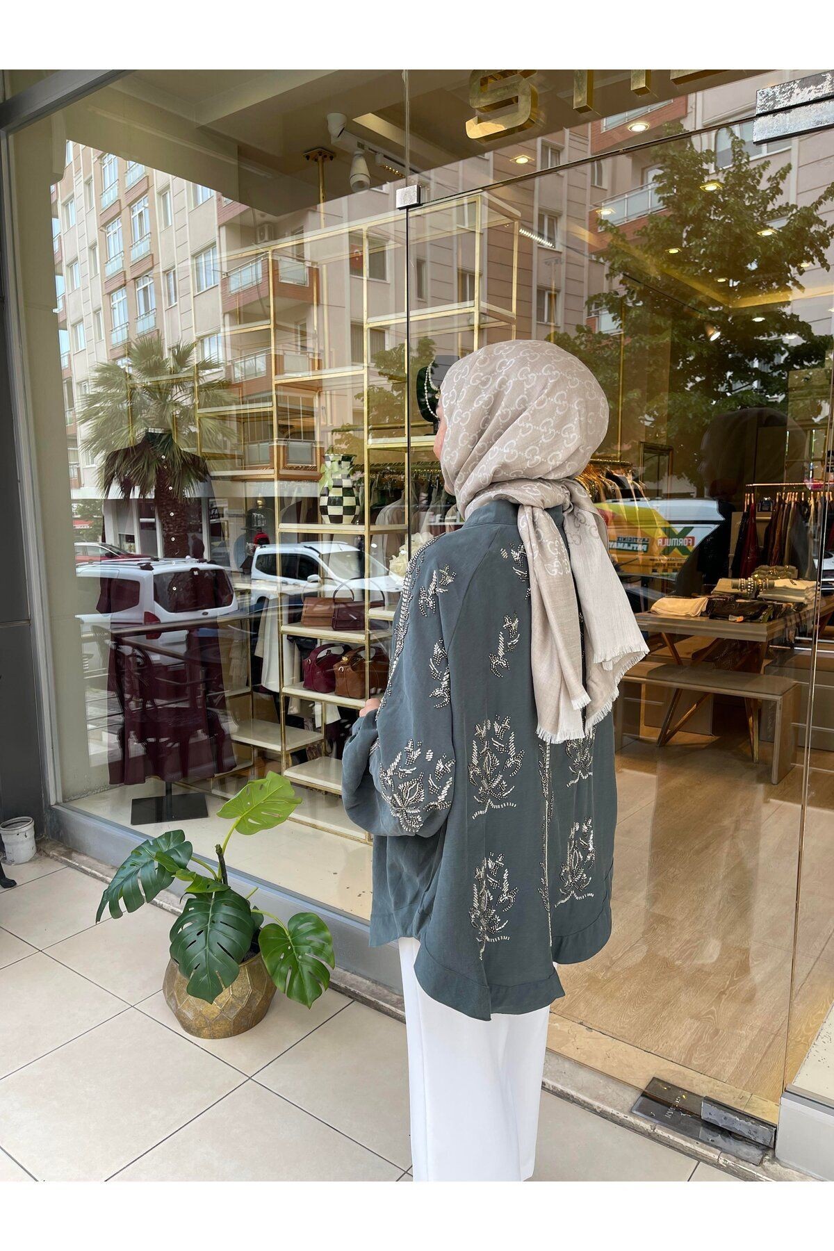 Taş İşlemeli Kimono - petrol yeşili
