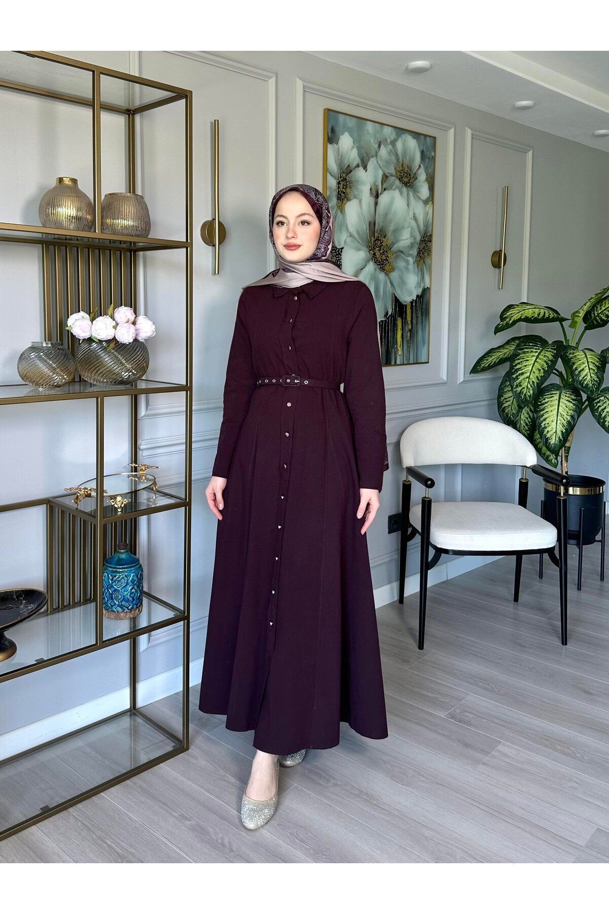 Moi Boydan Düğmeli Kemerli Keten Elbise - Bordo