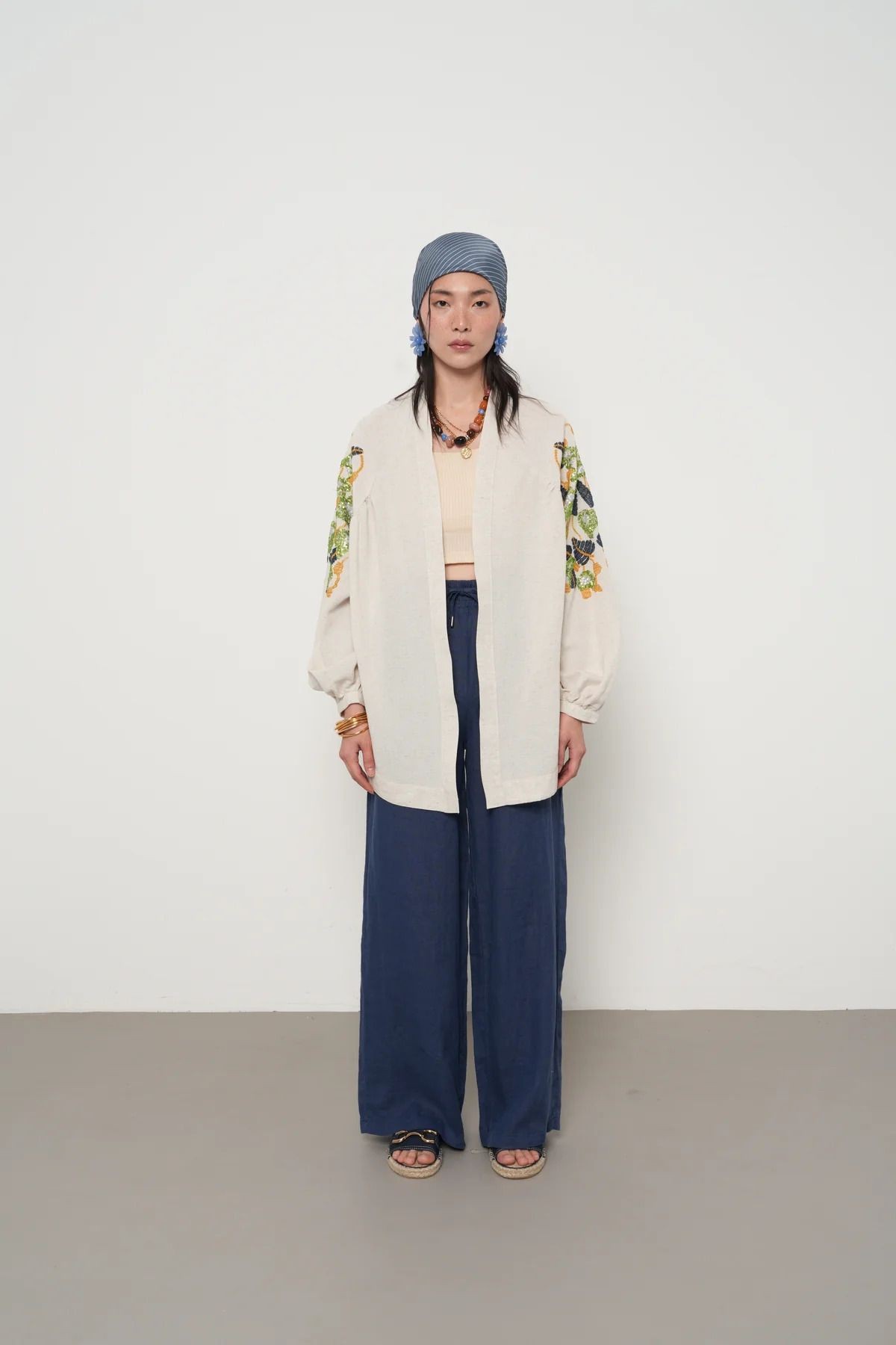 Keten Nakış İşlemeli Kimono - mavi-yeşil desenli